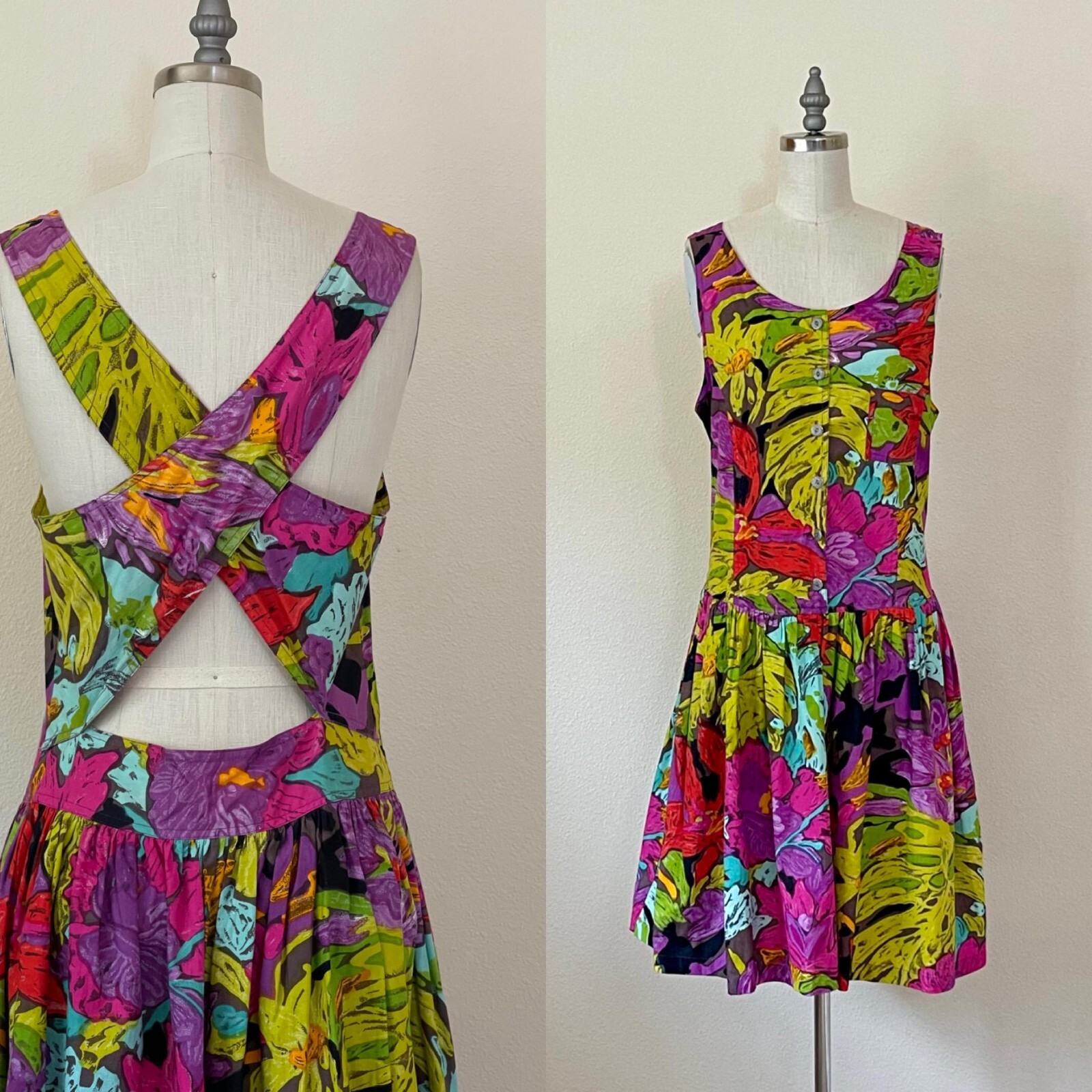 Vintage 80s Summer Dress, Tropical Print Cotton Sundress, Summer Fashion