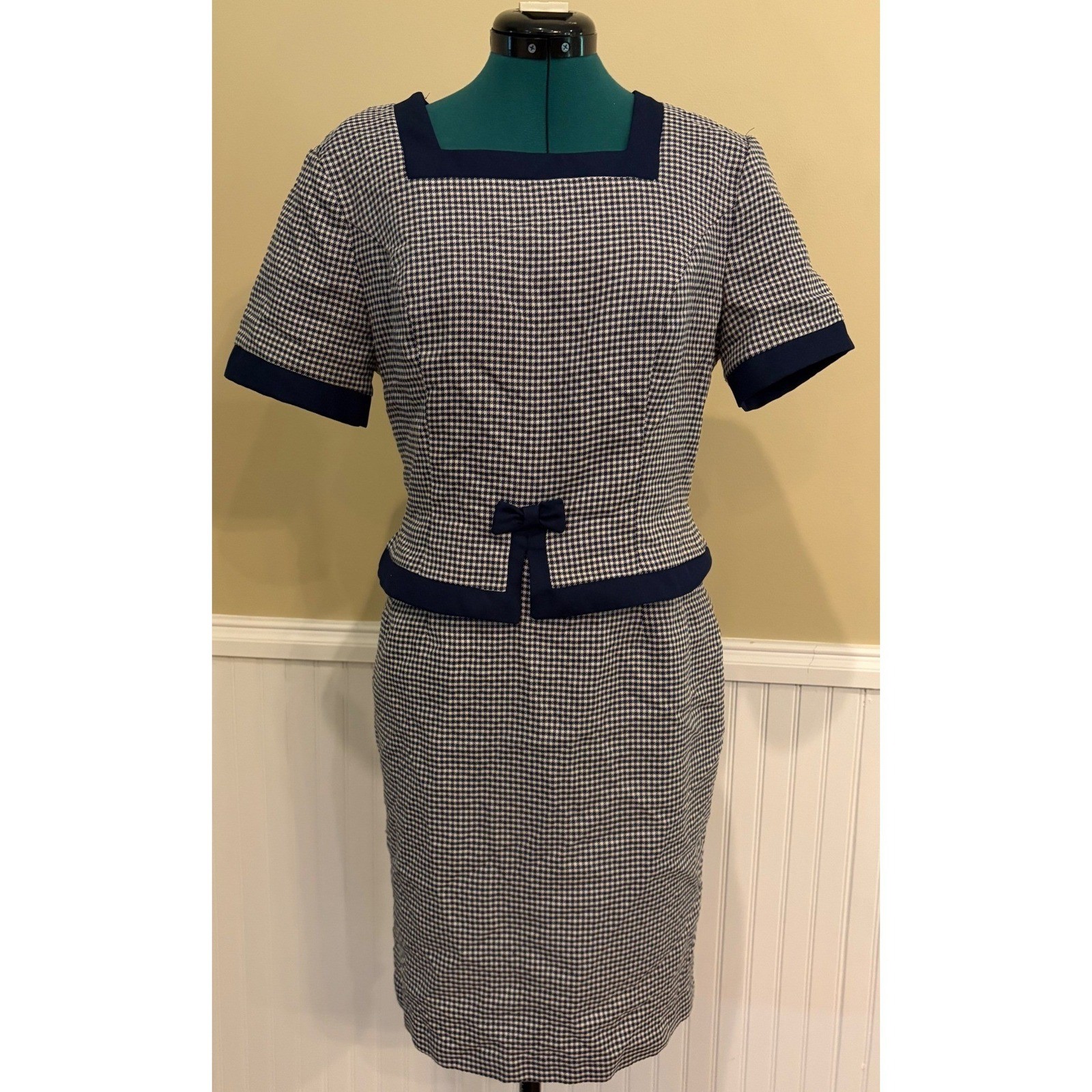 Vintage Misty Lane Black White Checkered Gingham Dress A-Line Square Neck 10