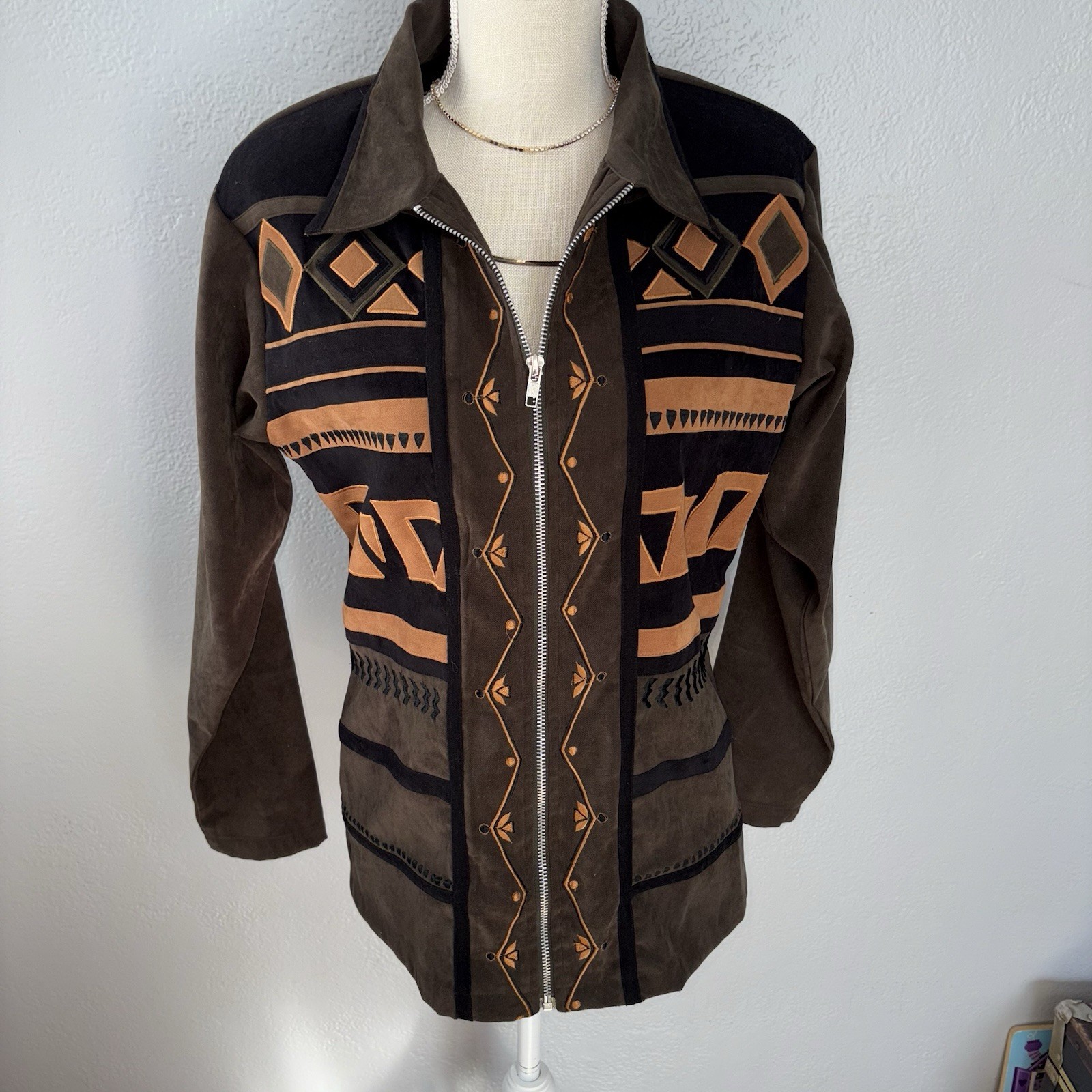 Vintage Noveau MondeGeometric Brown Western Style Jacket Size Medium
