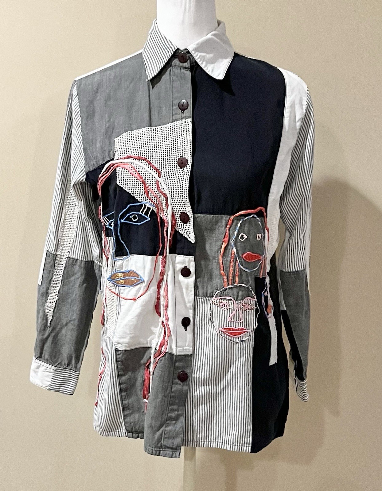 Vintage Sandy Starkman Button Up Shirt Face Picasso Style Art Statement XS Flaw