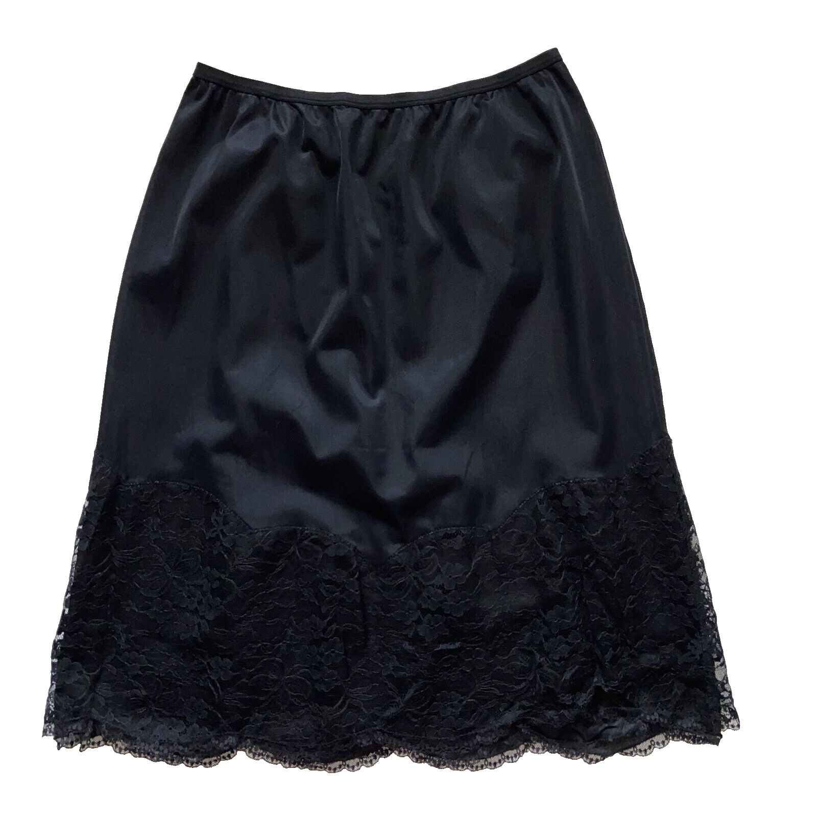 Vtg 1950’s Vanity Fair Black Half Slip Lace Trimmed Tricot Nylon Size Medium