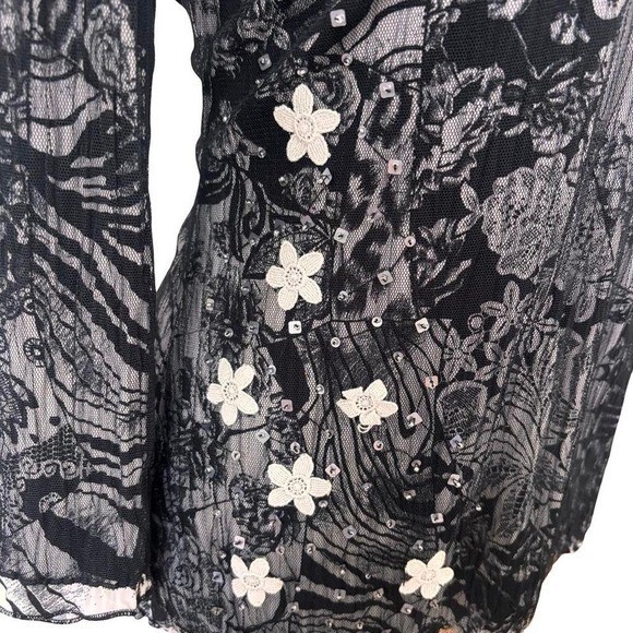 90s Y2K vintage black mesh floral beaded Alberto Makali top medium large