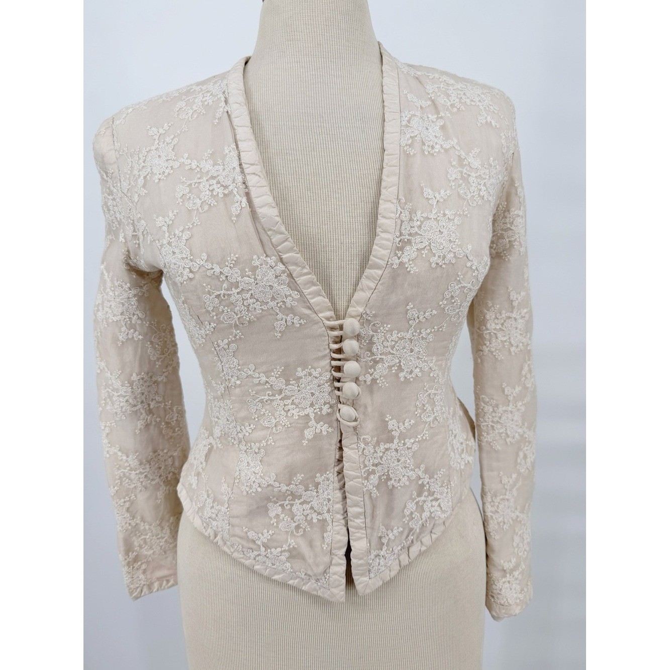Vintage Angela Vickers Silk Lace Victorian Blouse Jacket XS/S Ivory Embroidered