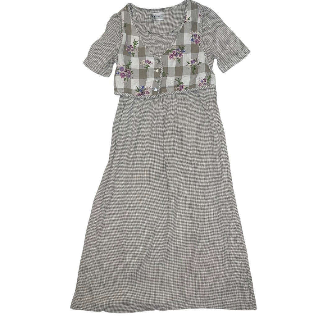 Vintage Grunge 90s Gingham Floral Faux Vest Maxi Dress Gray Purple Size 8