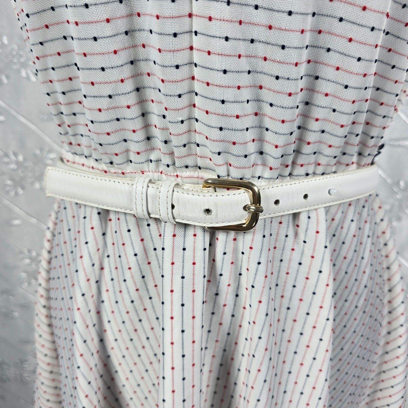 VTG Franky B Women White Red Navy Dotted Stripe Cap Sleeve Midi Dress Size 10