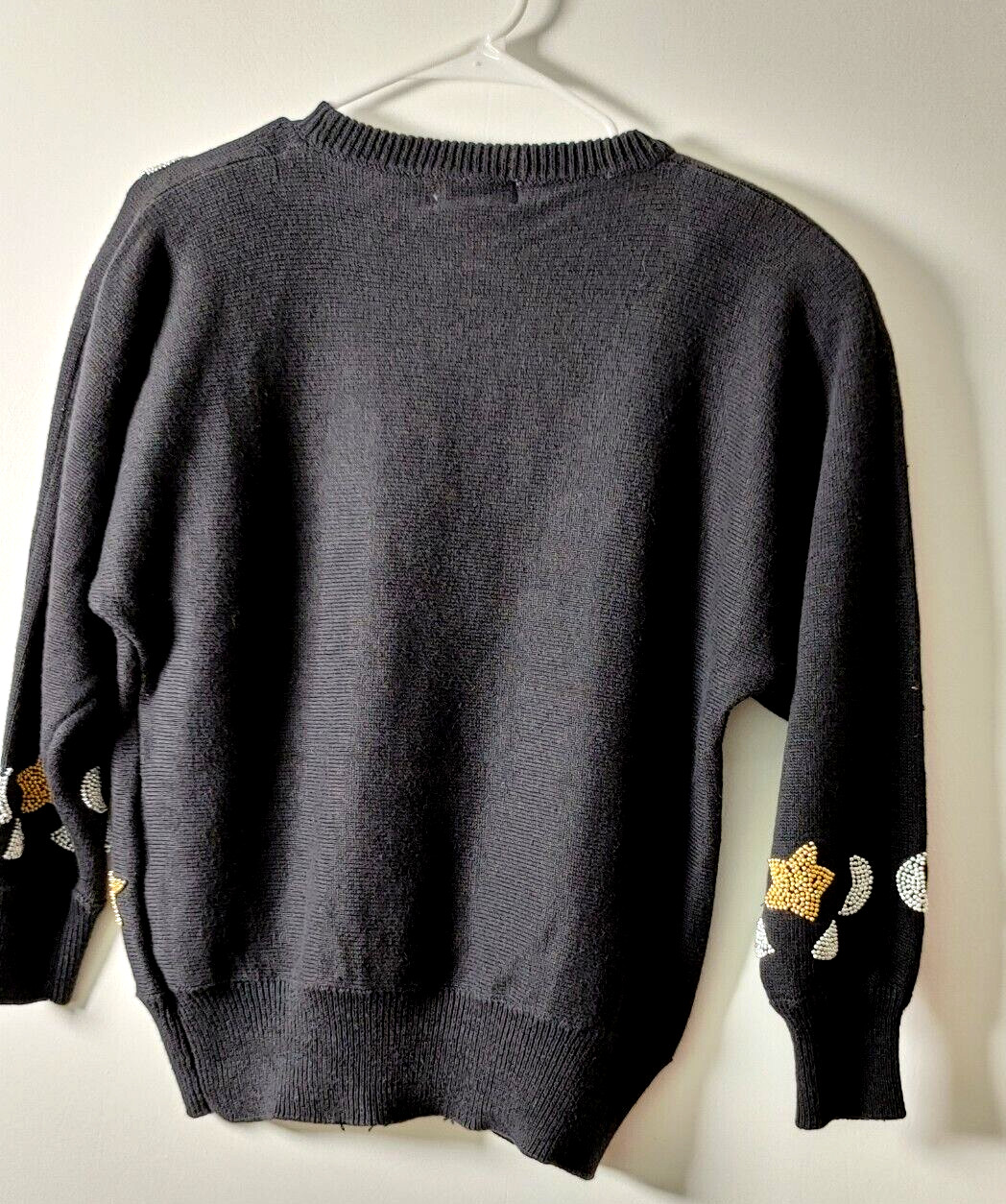 VTG EMINENT SWEATER „S” CREW NECK SCHOULDER PADS BEADED GOLD STARS SILVER MOON