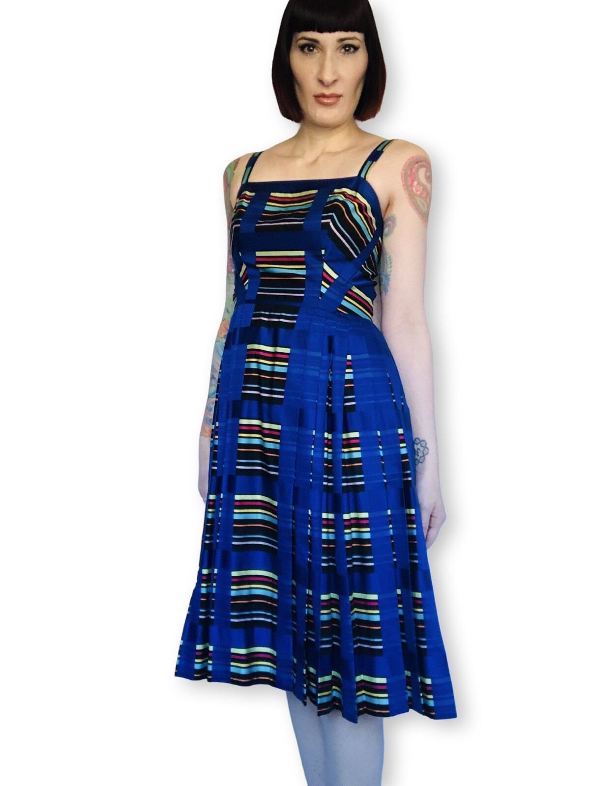 Vintage 1950s 50s Rainbow Striped Blue Cotton Pleated Dress Sundress Small