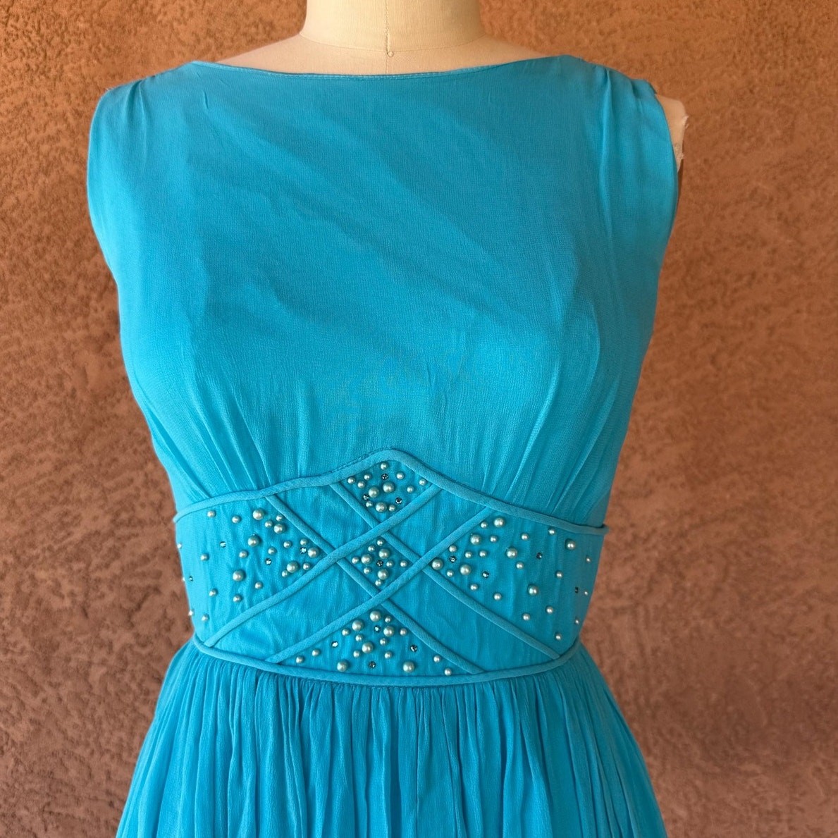 Vintage 1950s R&K Originals turquoise chiffon cocktail dress pearl rhinestone