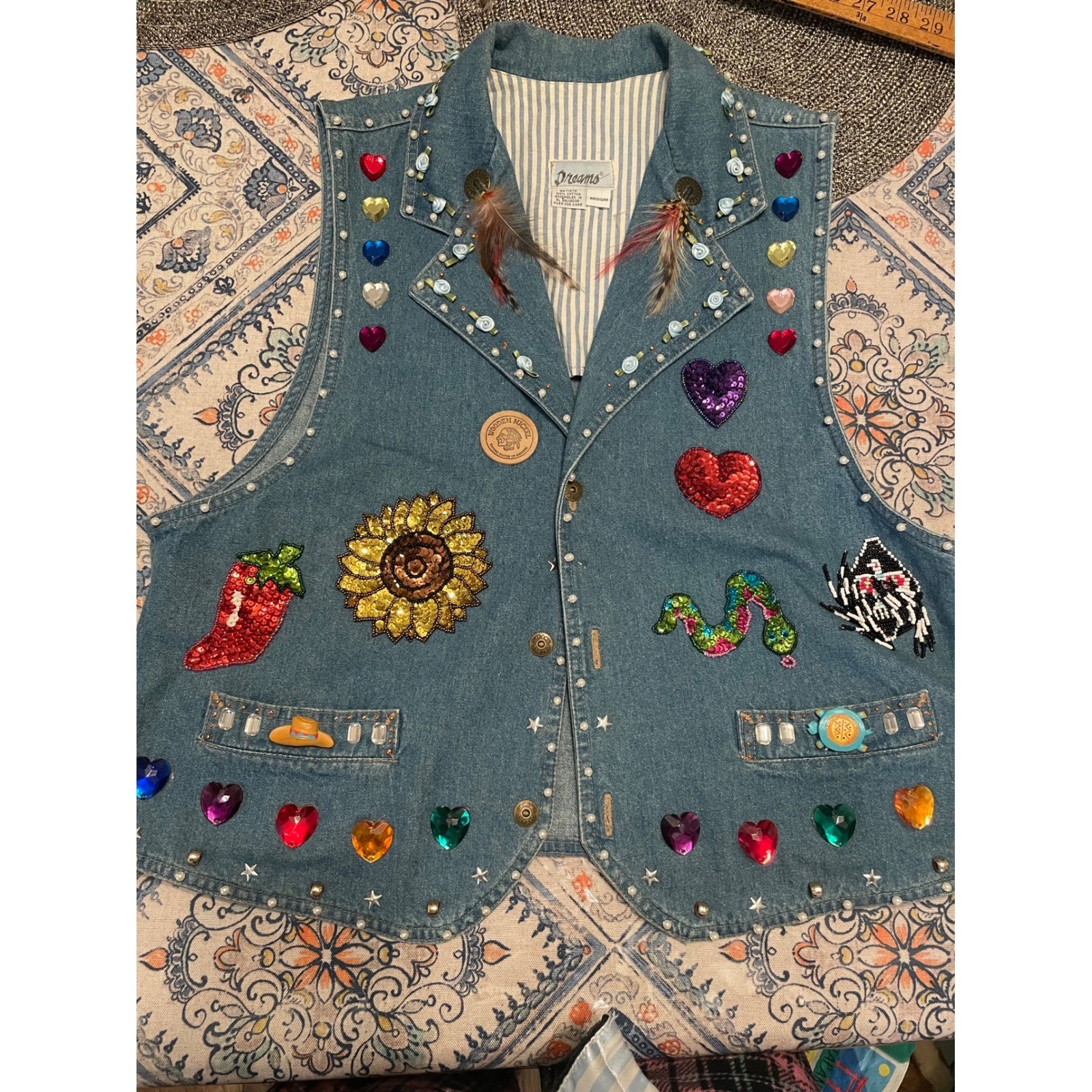 Vintage Embellished Denim Vest Sequin Patch Sunflower Heart Jewel Studded Blue