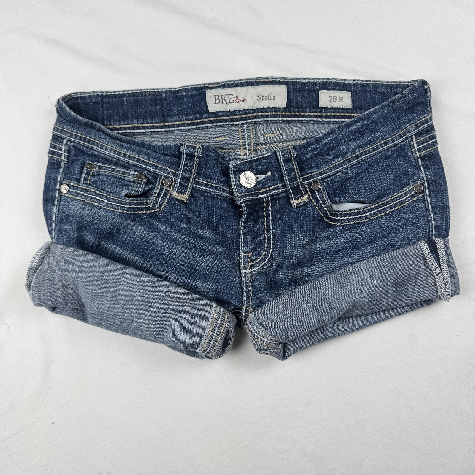 BKE Denim Shorts Womens 28 Blue Rolled Cuff Contrast Stitch Pockets Casual