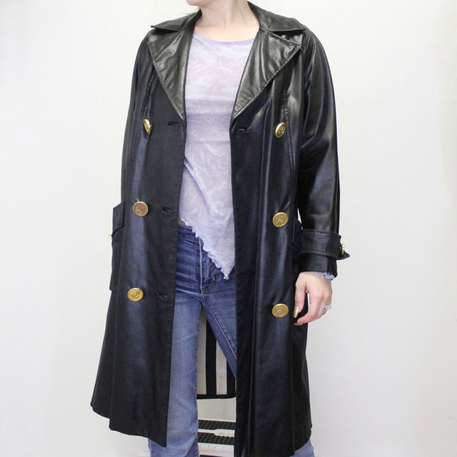 Vintage 60s Gothic Mod Black Satin Trench Coat by Count Romi Double Breasted