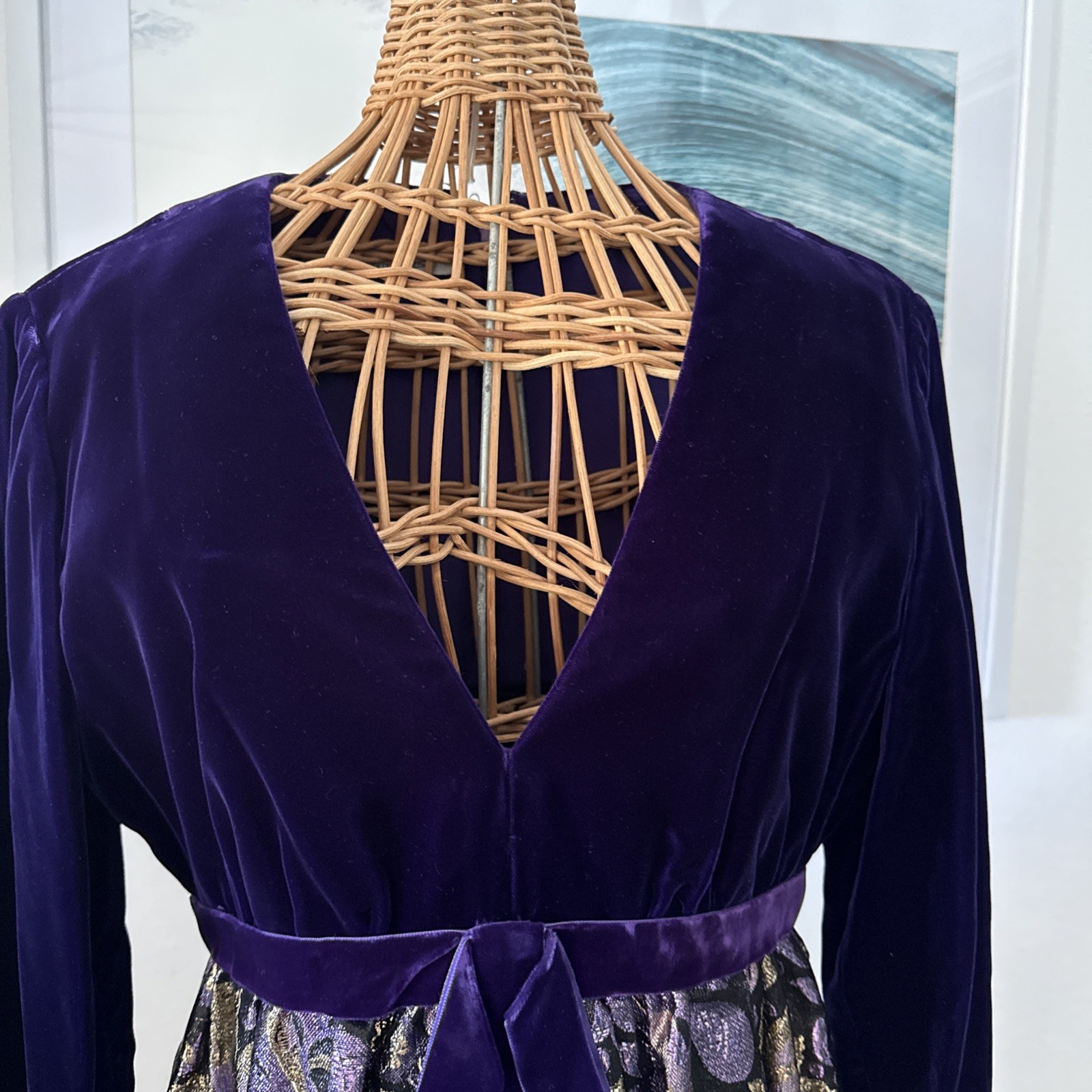 VTG Kent Originals Purple Velvet V Neck Brocade Black Gold Velvet Empire Gown