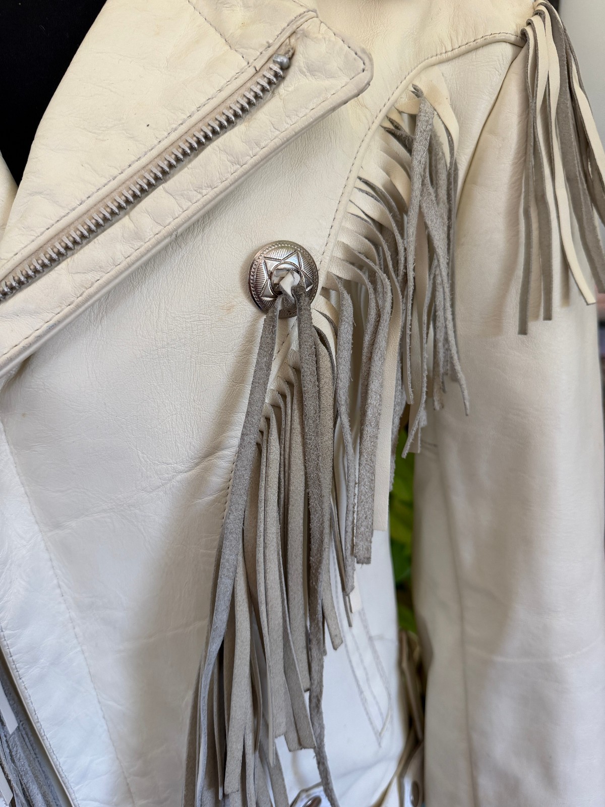 Vintage Biker Jacket Park V White Leather Fringe Motorcycle 36 1980s Moto Thrash