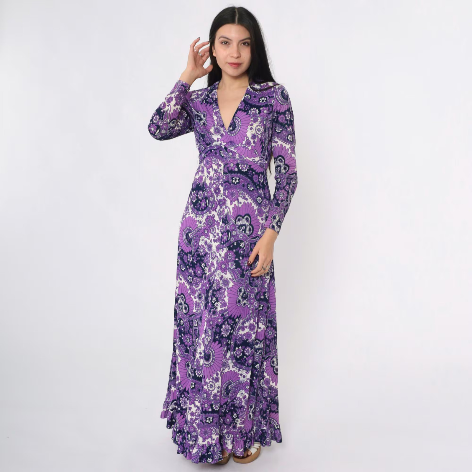 70s Psychedelic Maxi Dress Vintage Purple Paisley Floral Print Bohemian Gown V N