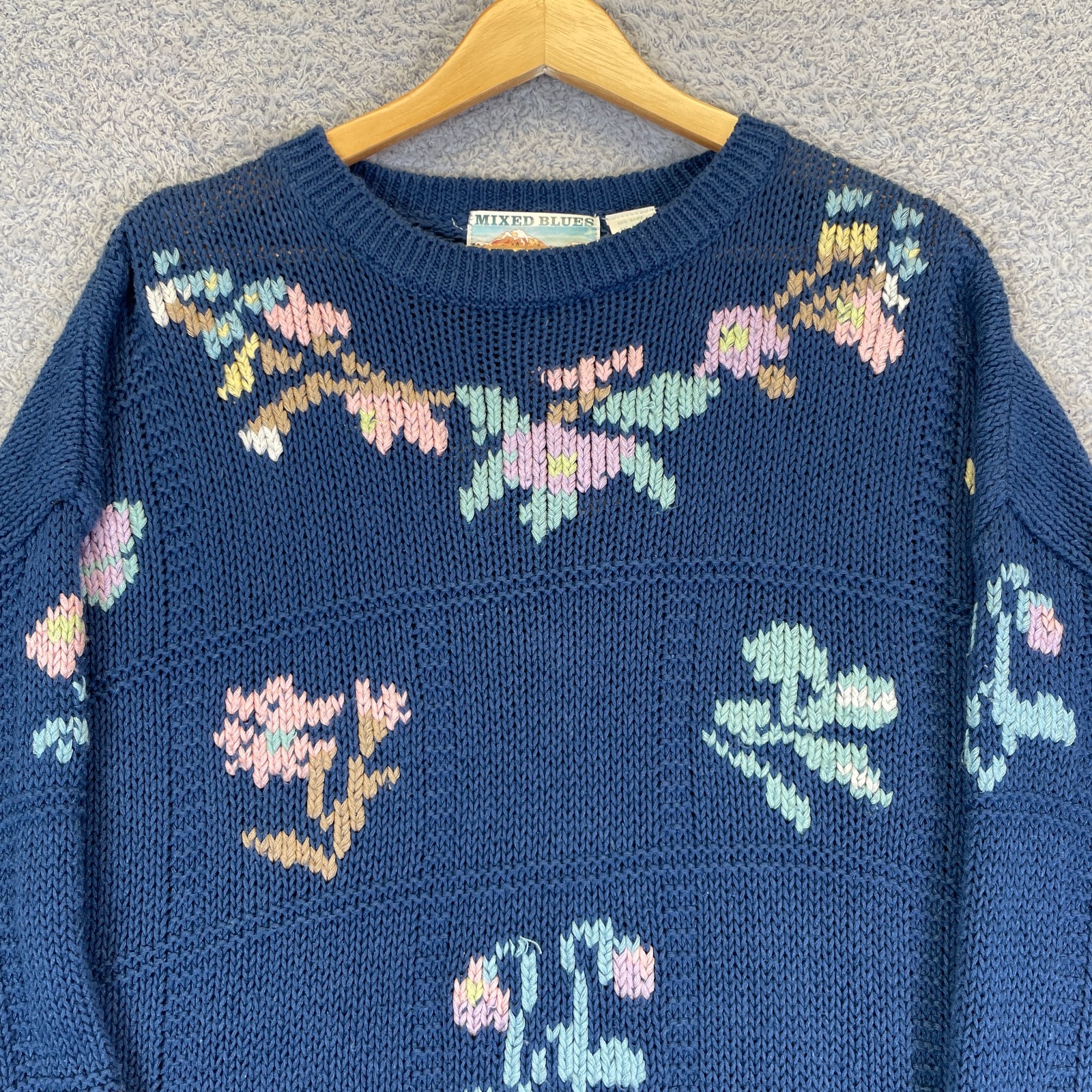 Vintage 90s Mixed Blues Floral Butterfly Sweater Cottagecore Grandmacore Large
