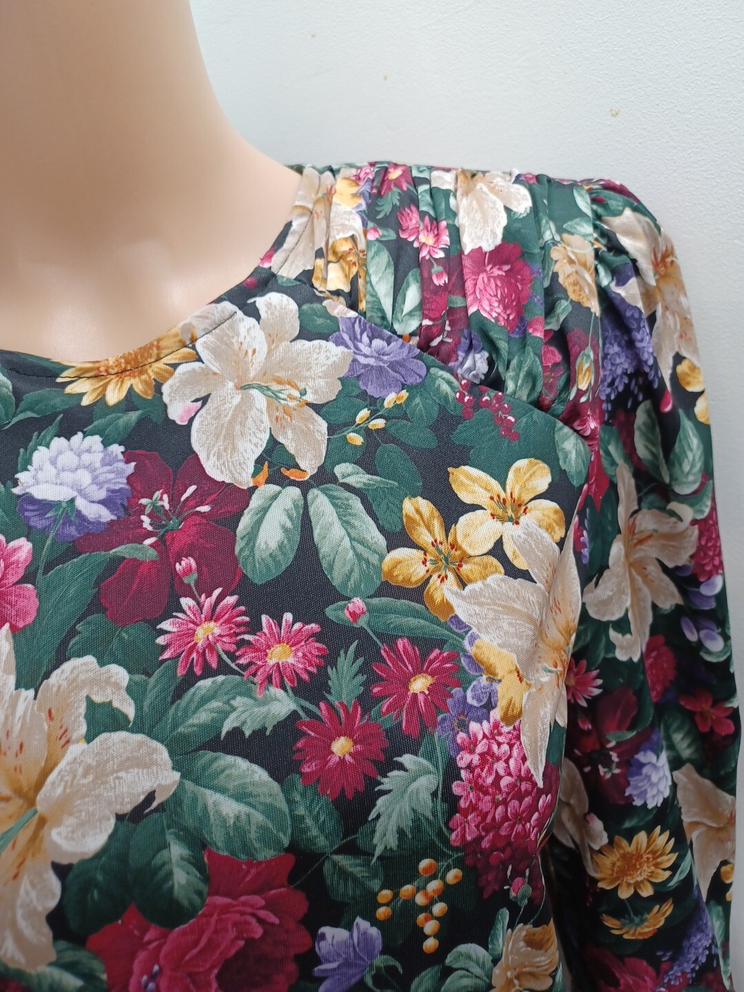 Vintage 80s Dress Floral Prior Tabby California Short Puffy Sleeves Secretary S