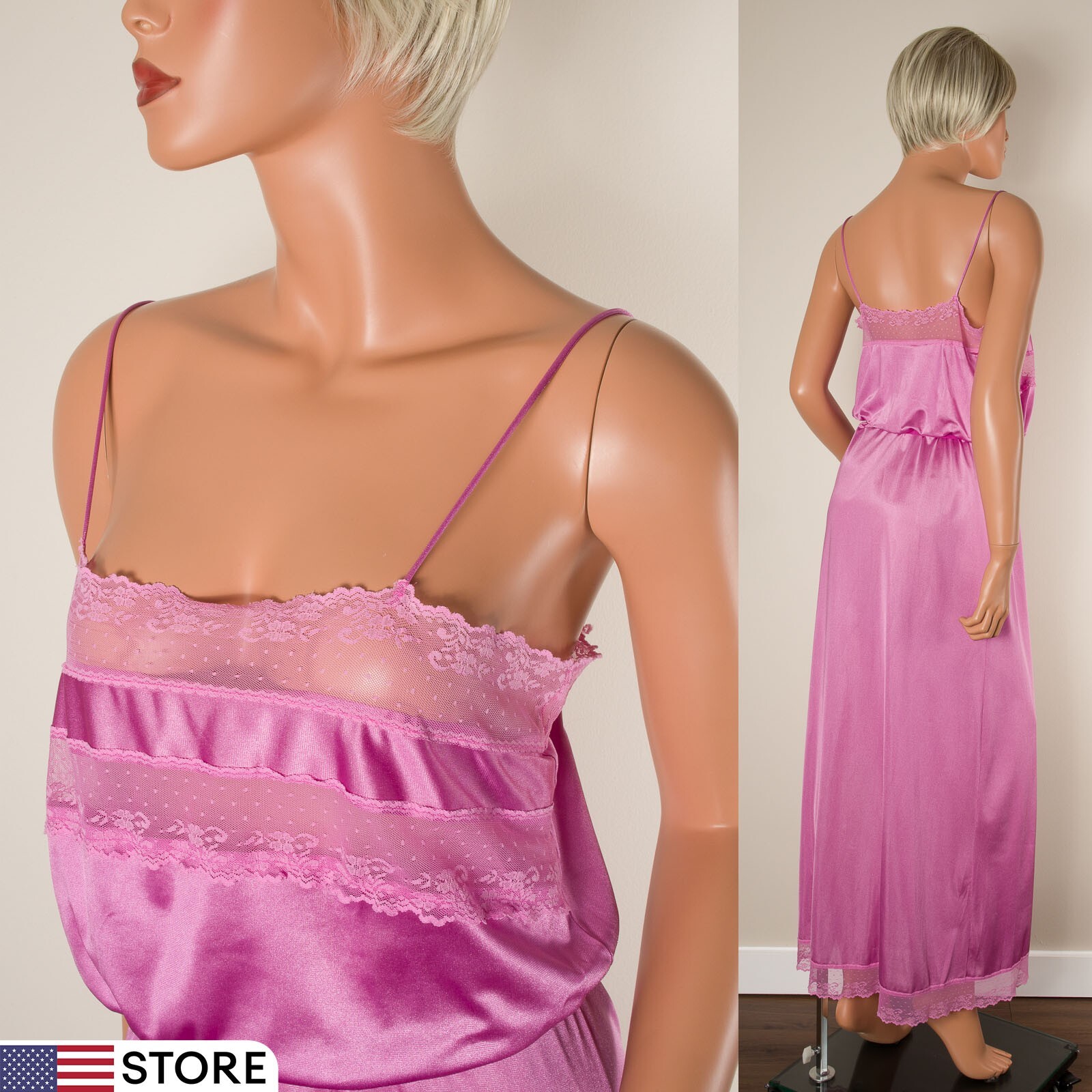 💖 Vintage FLAIR Long Nightgown Pink Silky Nylon Lingerie Lace Trim Size M USA