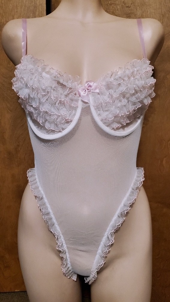 SEXY Secret Treasures Sheer White & Pink Thong Teddy Romper, Size S; EXC