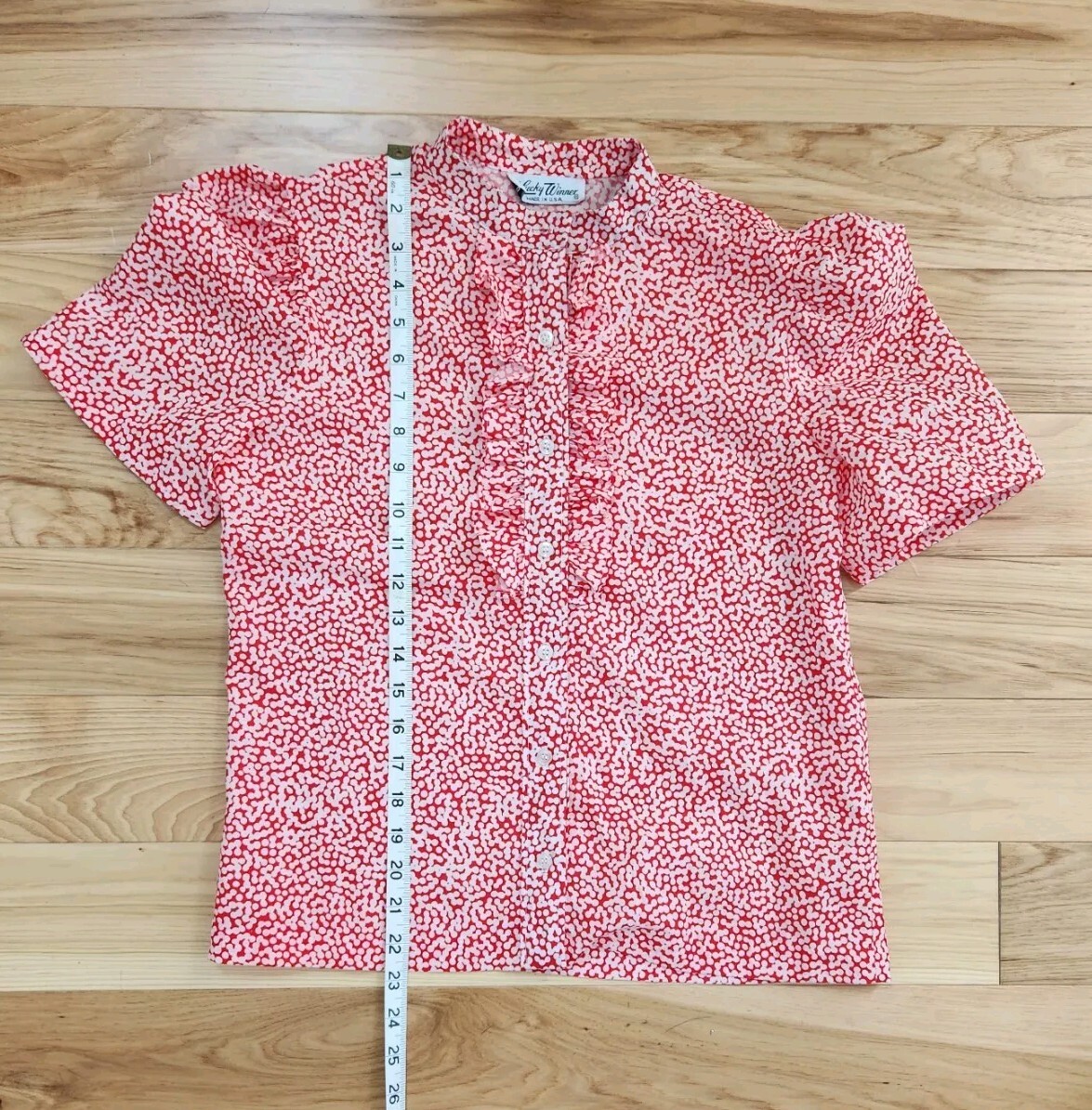 VINTAGE Lucky Winner 1970s Blouse Red And White Polka Dots Puff Sleeve Retro Top