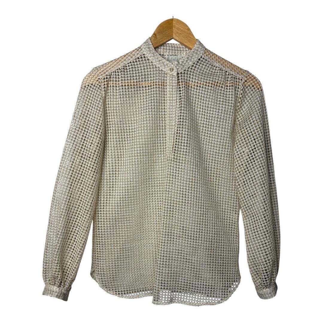 Adelaar Metallic Mesh Blouse Women 6 Gold Ivory Vintage Lurex Sheer Split Neck