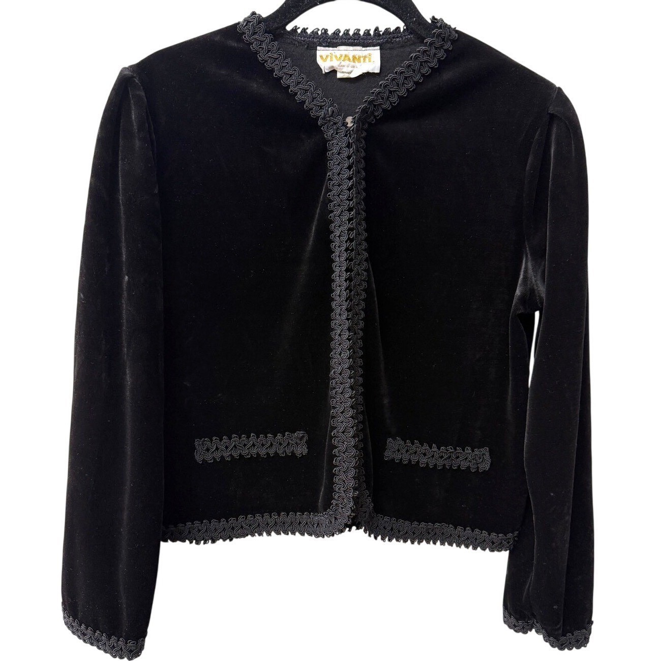 Vivanti Velvet Cardigan Women 14 Black Soutache Trim Cropped Jacket Vintage