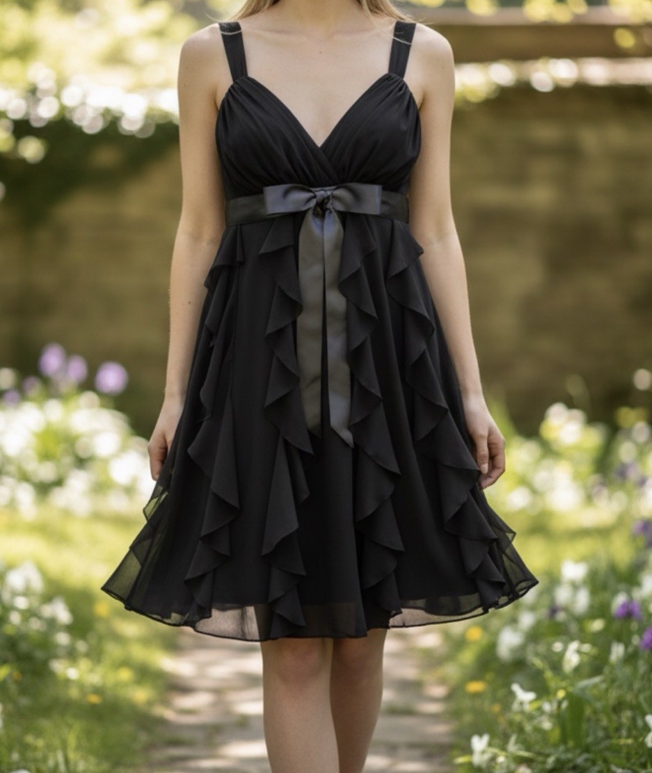 Betsy & Adam Y2K Vintage Tiered Black Cocktail Dress with Silk Tie Bow Size 8P