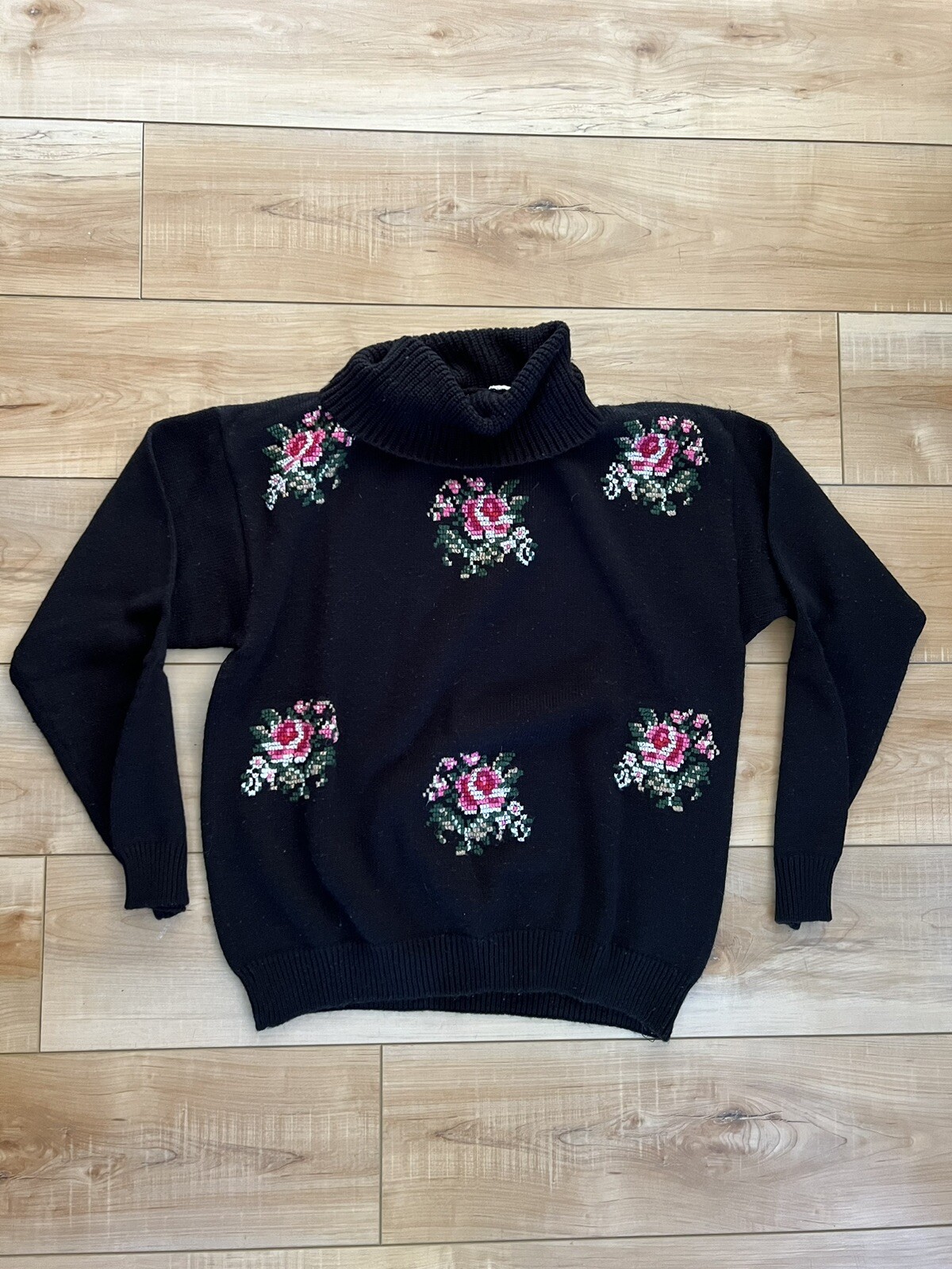 Vintage 90s Cross Stitch Floral Cowl Neck Sweater Knit Black Pink Cottagecore L