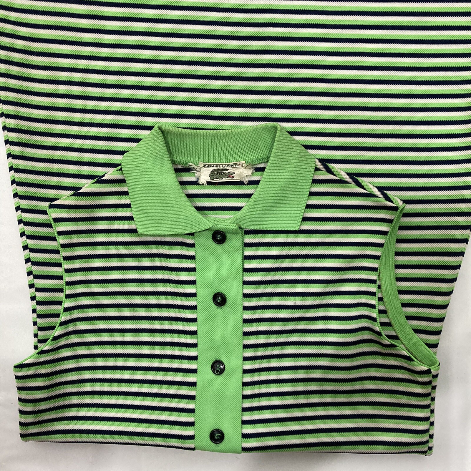 Vtg 70s Chemise Lacoste Shift Dress Med Lime Green/Black Stripe Mod Go-Go Preppy
