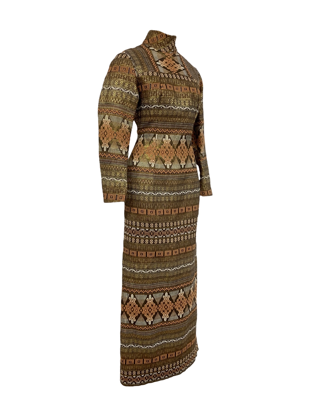 Vtg Vintage 1970s 70s Woven Metallic Geometric Textile Ethnic French Lady Dress