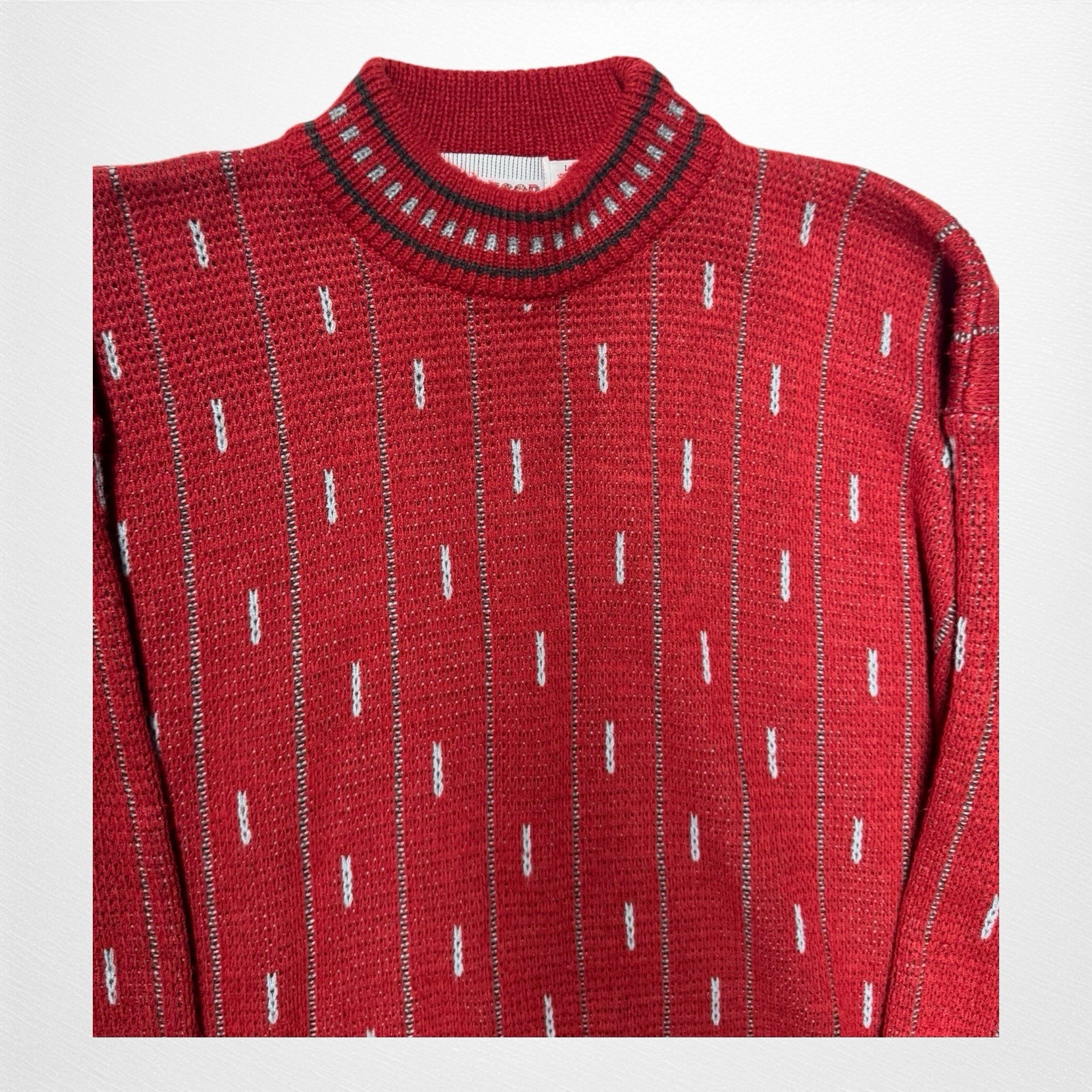 Vintage McGregor 1980s Red Knit Sweater Vertical Stripe Pattern Acrylic Large