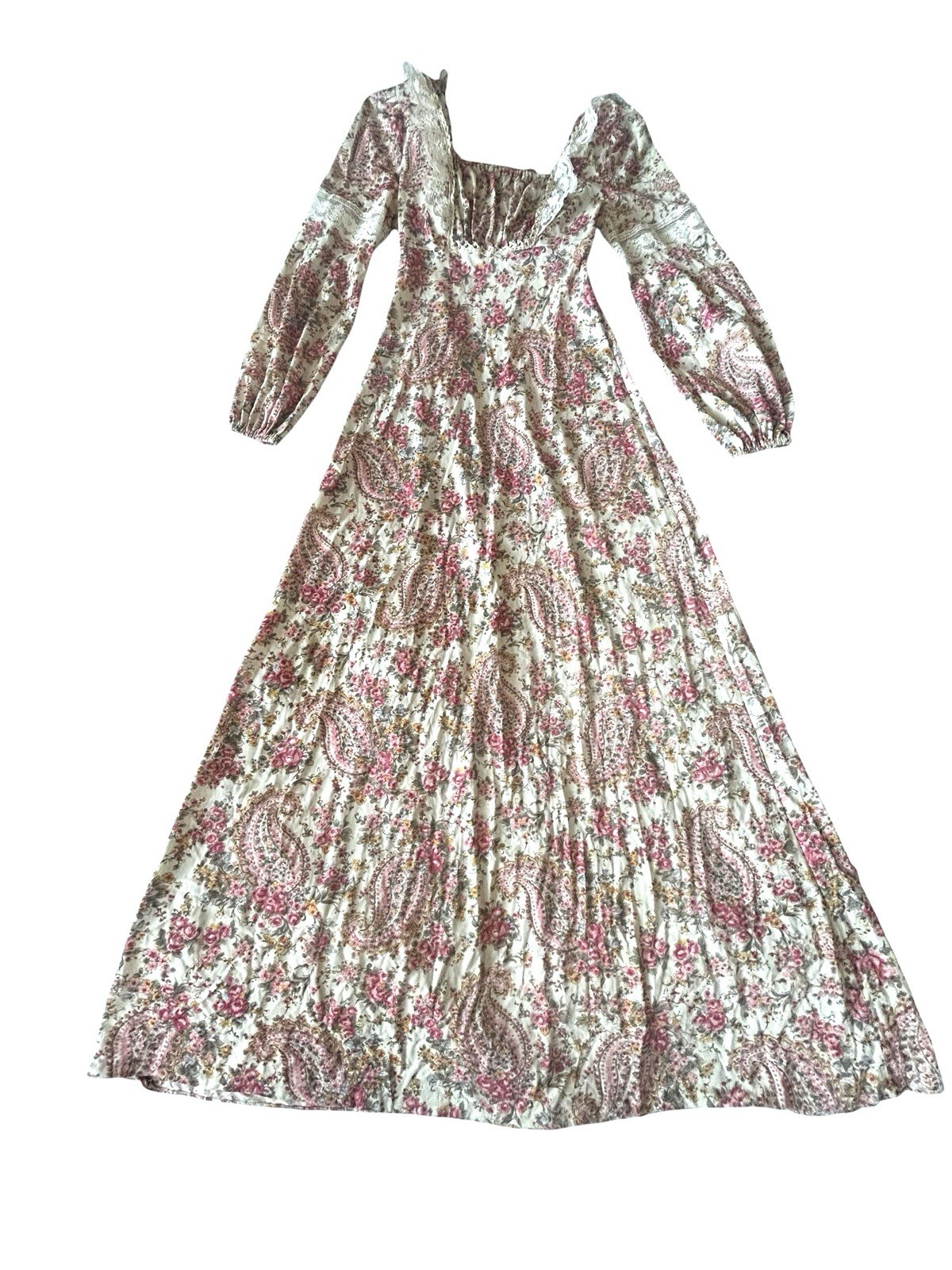 Vintage 70s Handmade Floral Paisley Lace Boho Peasant Maxi Dress Size S