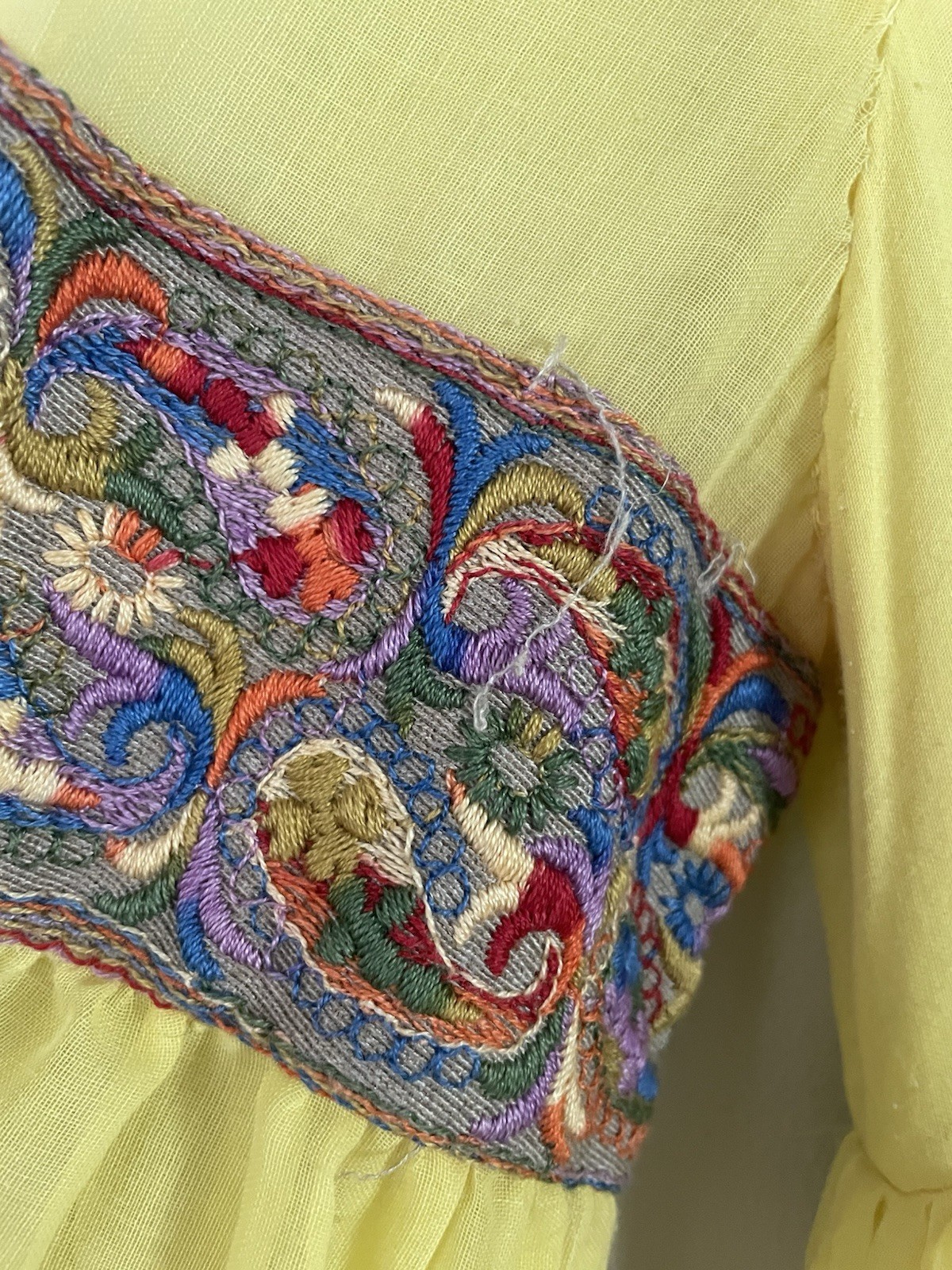 Vintage 70s Beverly Paige Yellow Cotton Gauze Boho Maxi Dress Embroidered Hippie