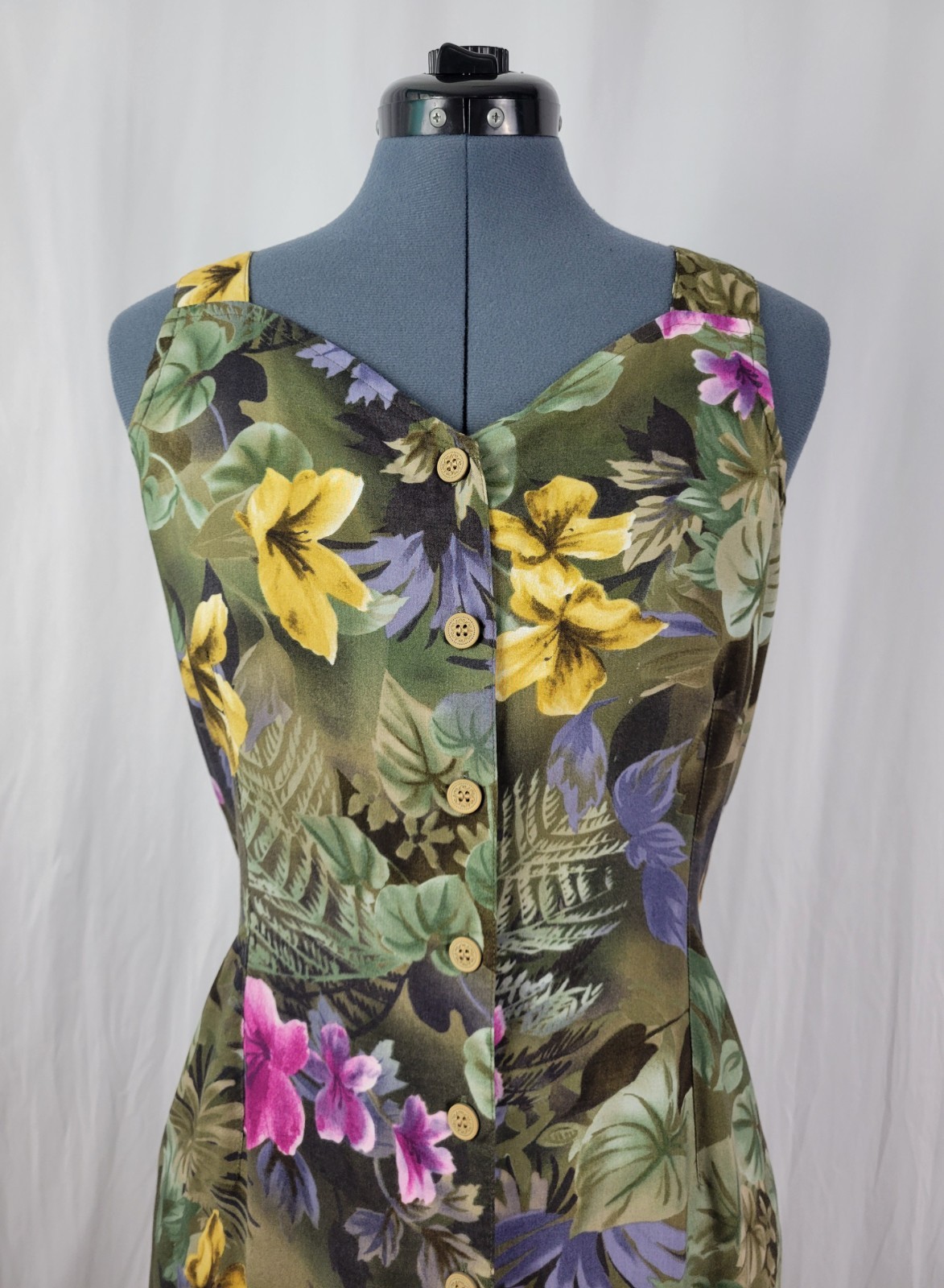 Vintage Erika Mossy Green Floral Sundress w Button Down Front Size Med Petite