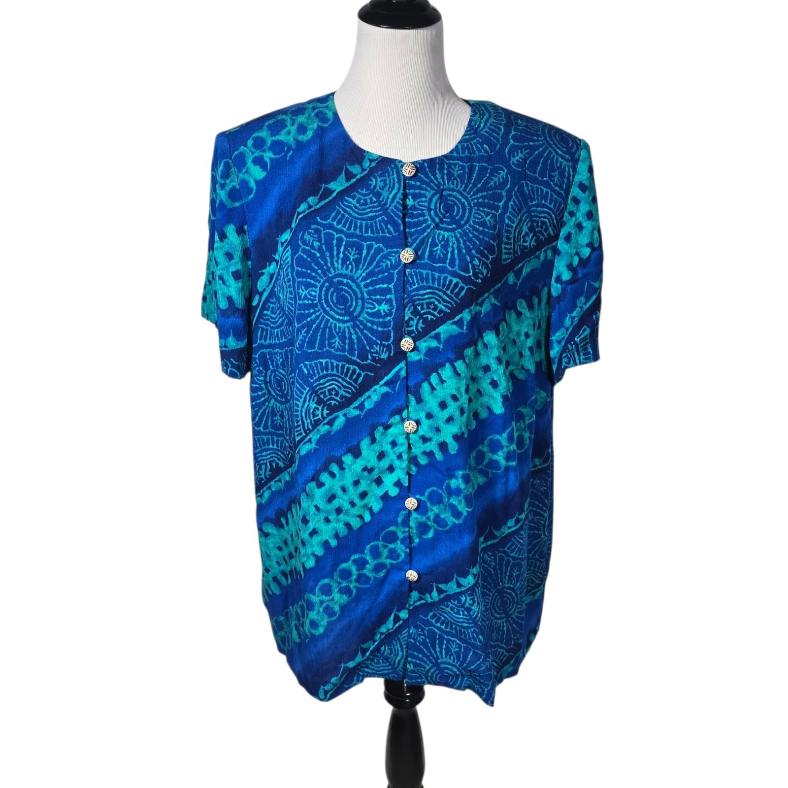 John Roberts Vintage 16W Blue Button-Up Shirt Short Sleeve Jacket Shoulder Pads