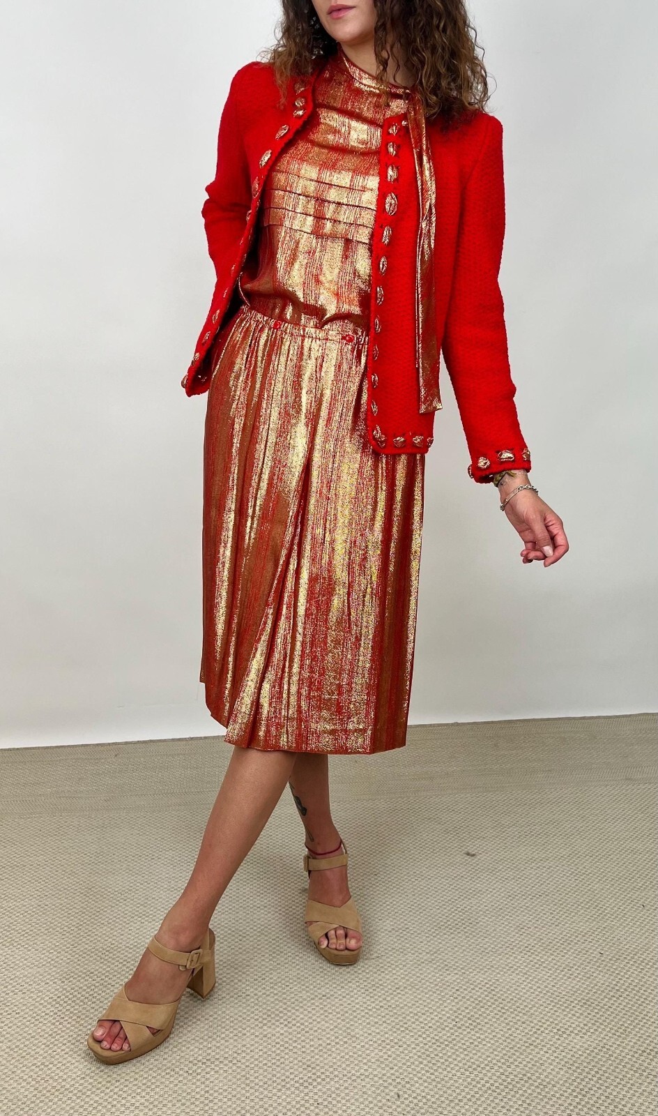 Vintage 1980s Adolfo For Sax Fifth Avenue Red and Gold Lamé Blouse Sweater Skirt