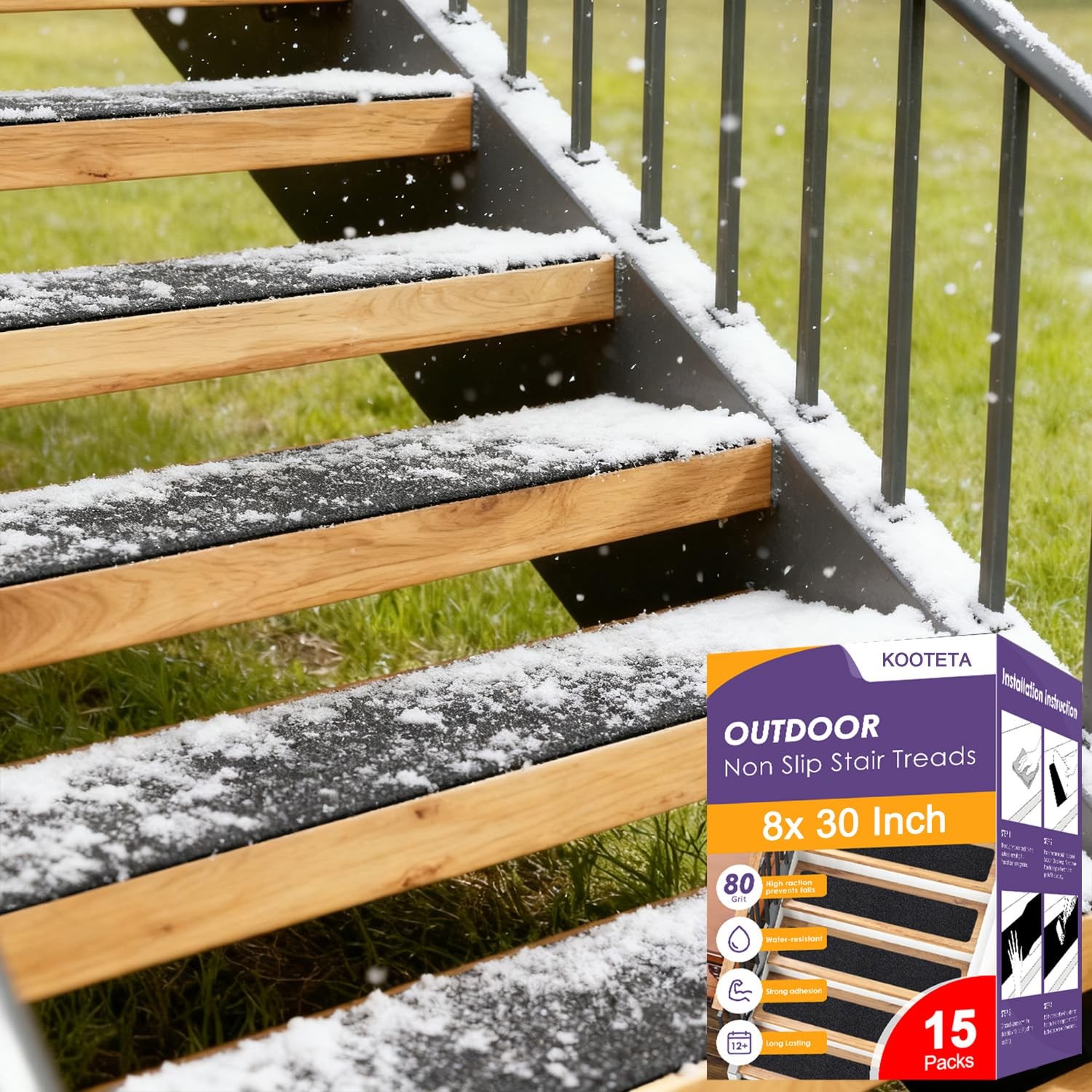KOOTETA 15 Pack 8×30 Inch Non Slip Outdoor Stair Treads Waterproof Weather Resis