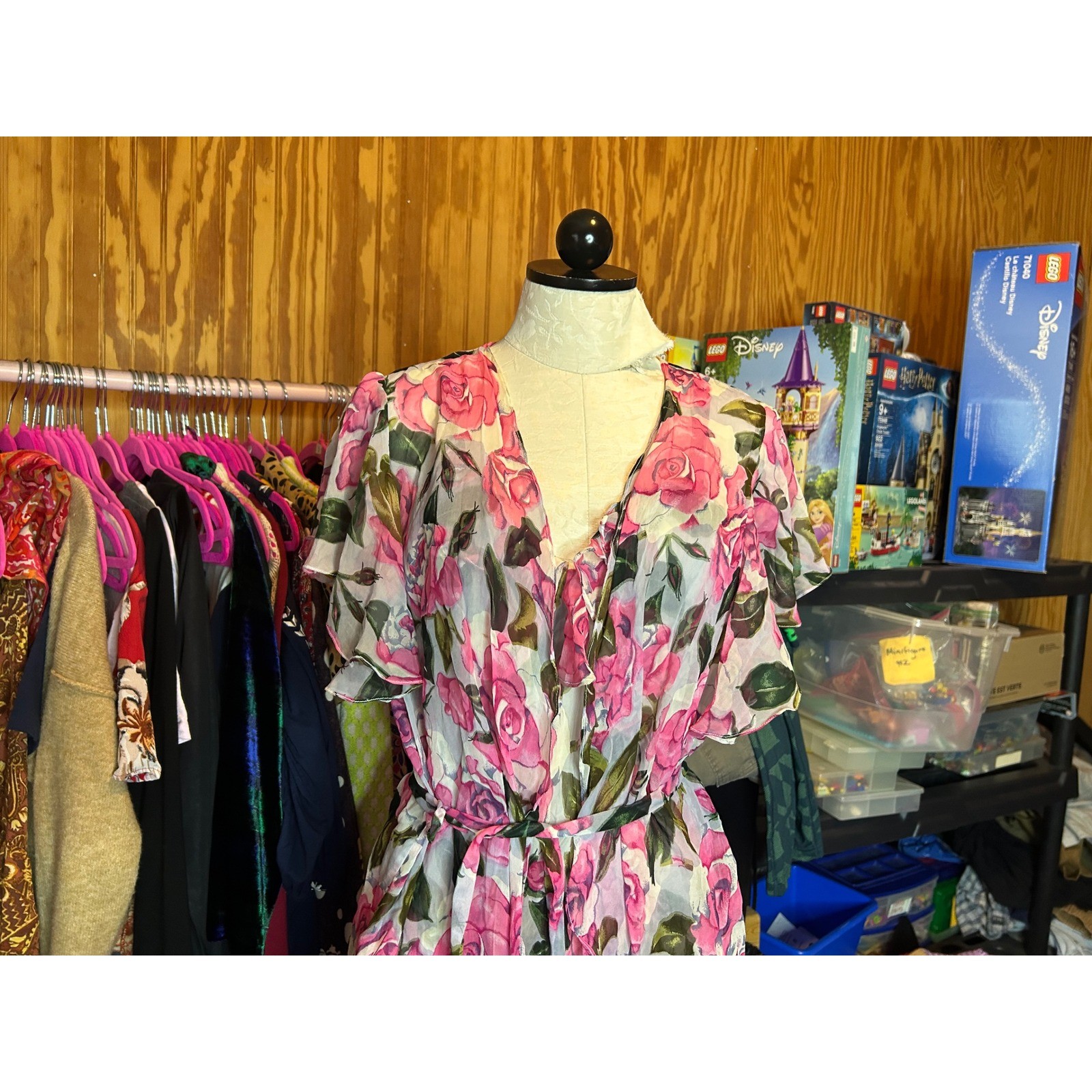 Lasoie SILK Pink Floral Rose Flutter Sleeve Nightgown 2 Piece Lingerie VTG L