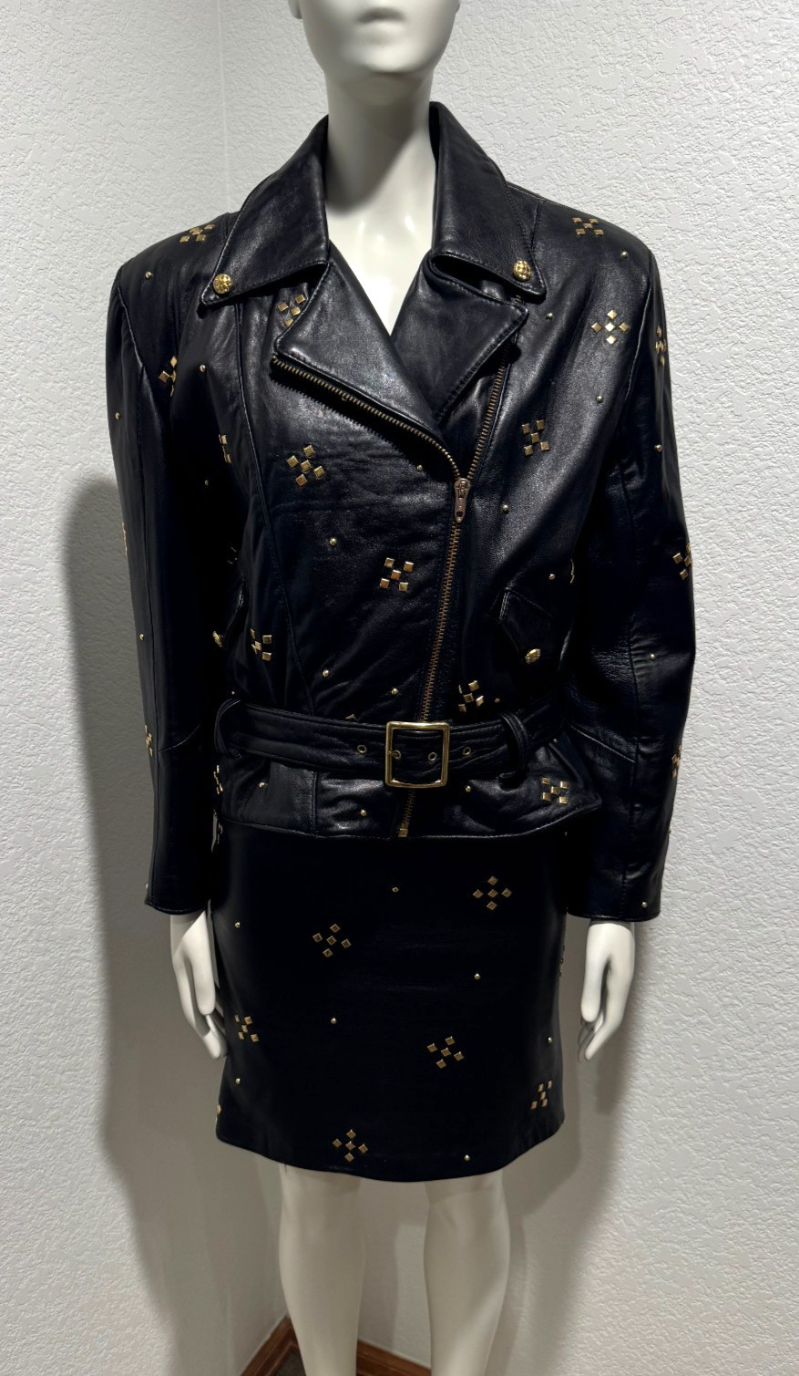 Y2K The Icing Black Leather Moto Jacket Skirt Set Sz S Gold Studs 2 Pc Rocker