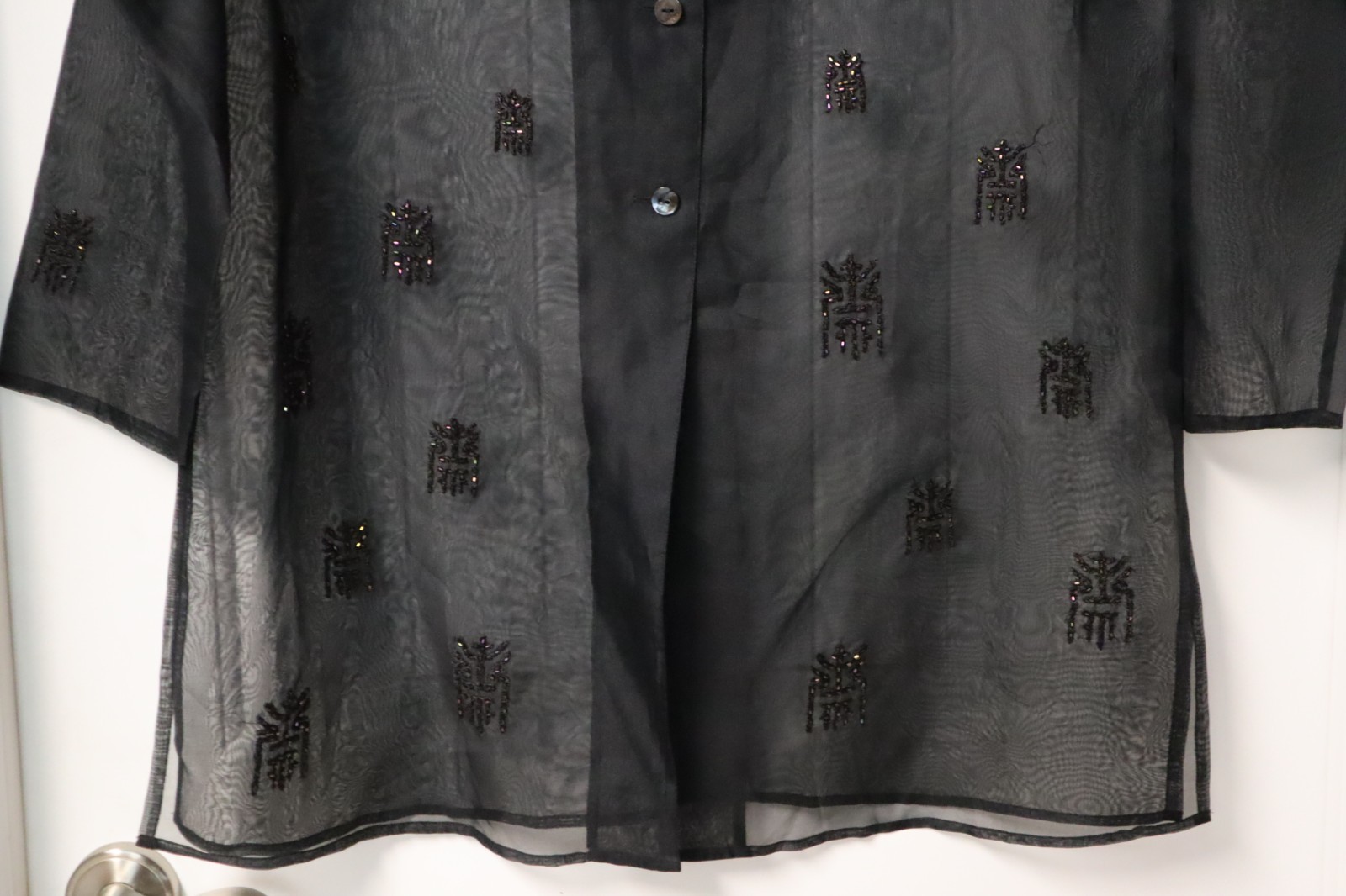 Vintage 1980s Chicos Design 100% silk embellished black sheer buttons up dress 2