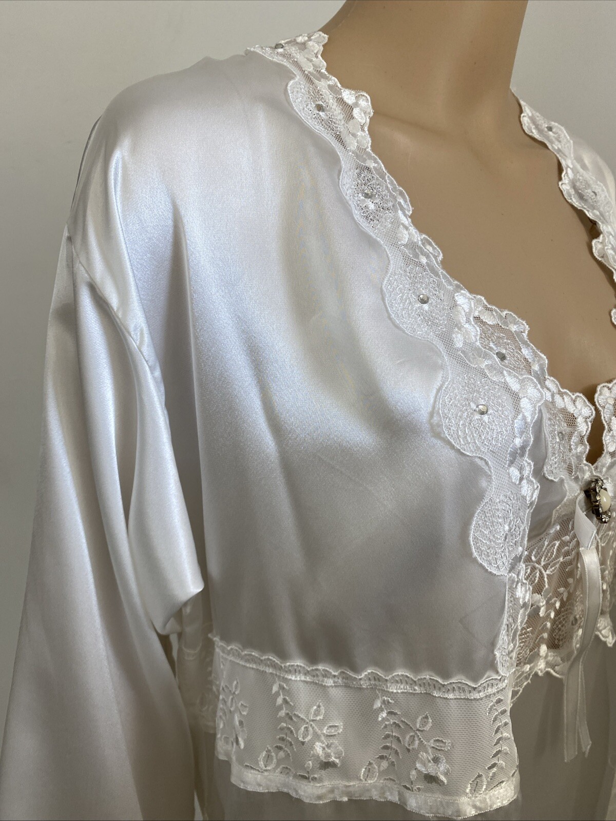 Vintage Espaur XXS-XS / 6-8 Bridal Nightie Negligee Set White Satin Floral Lace