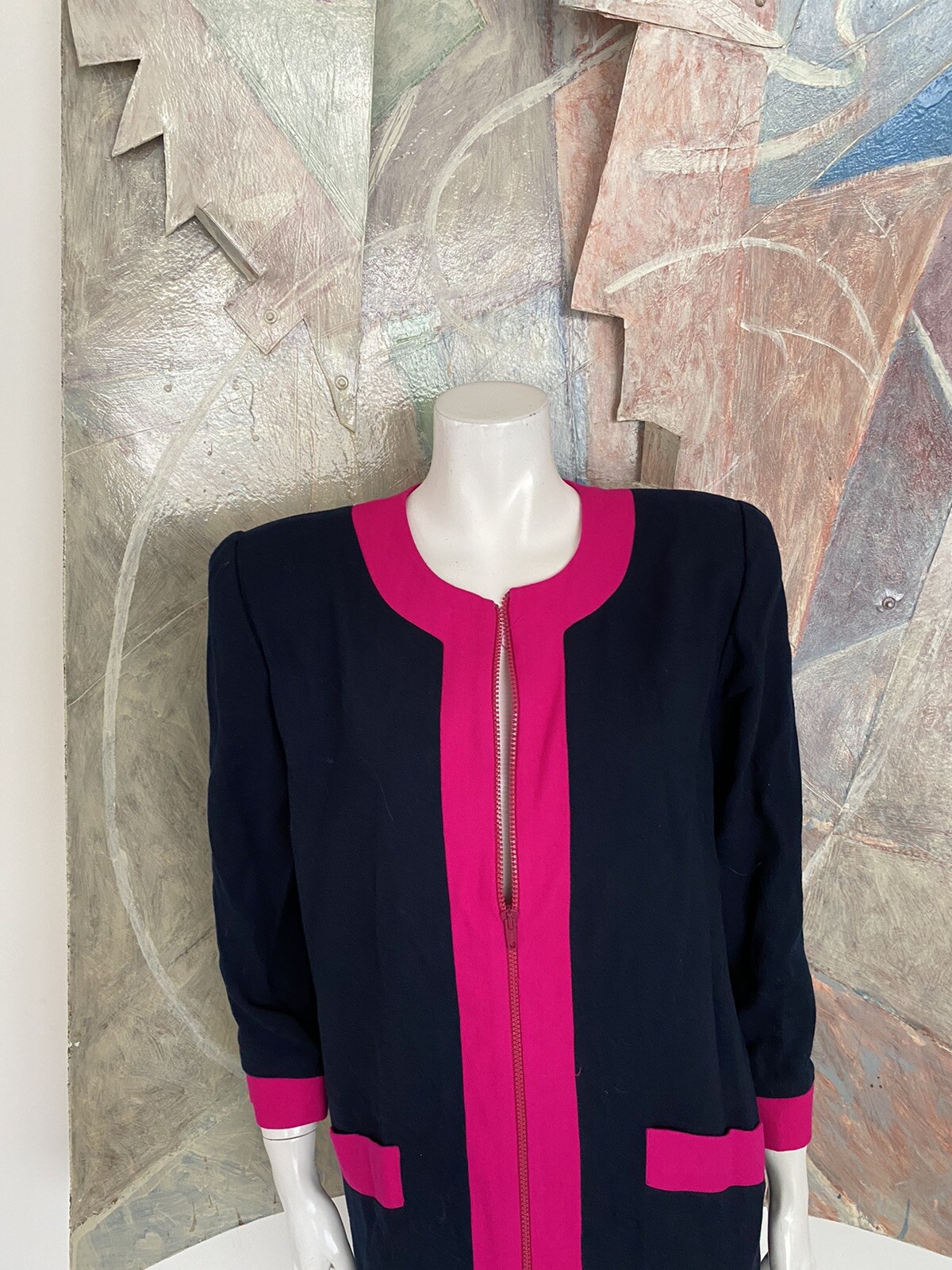 Vintage Henri Bendel Neon Pink Blue Wool Shift Zippered Pocketed Dress Size 8