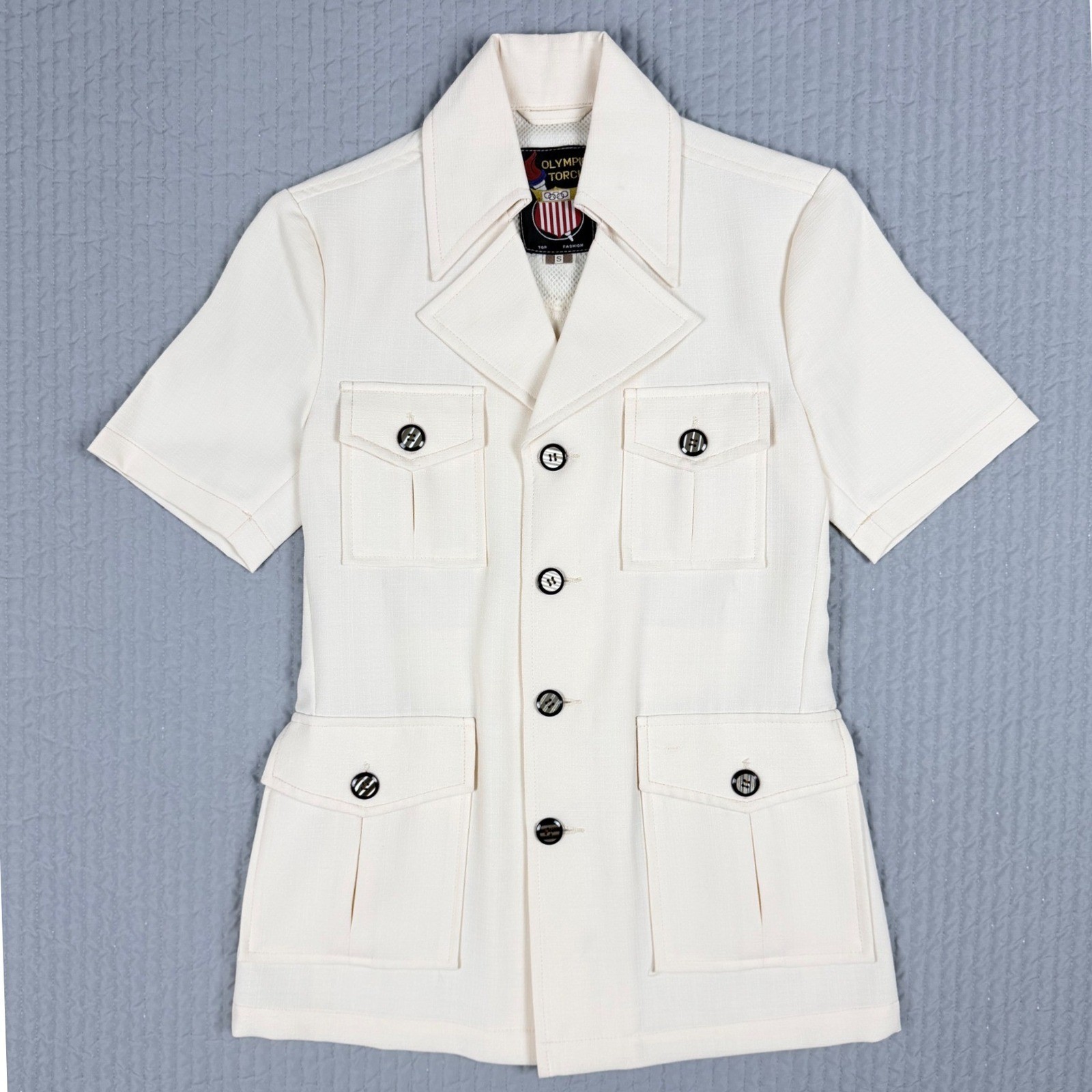 Olympic Torch Womens Vintage Cream Safari Jacket Short Sleeve Utility Top Small
