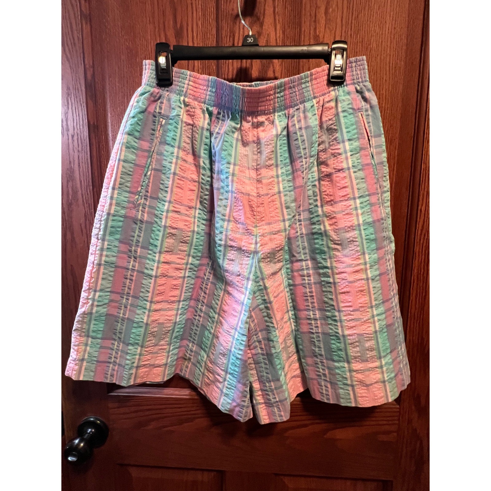 Koret Francisca VTG Pastel Plaid Seersucker Shorts Pink Teal Large USA Made