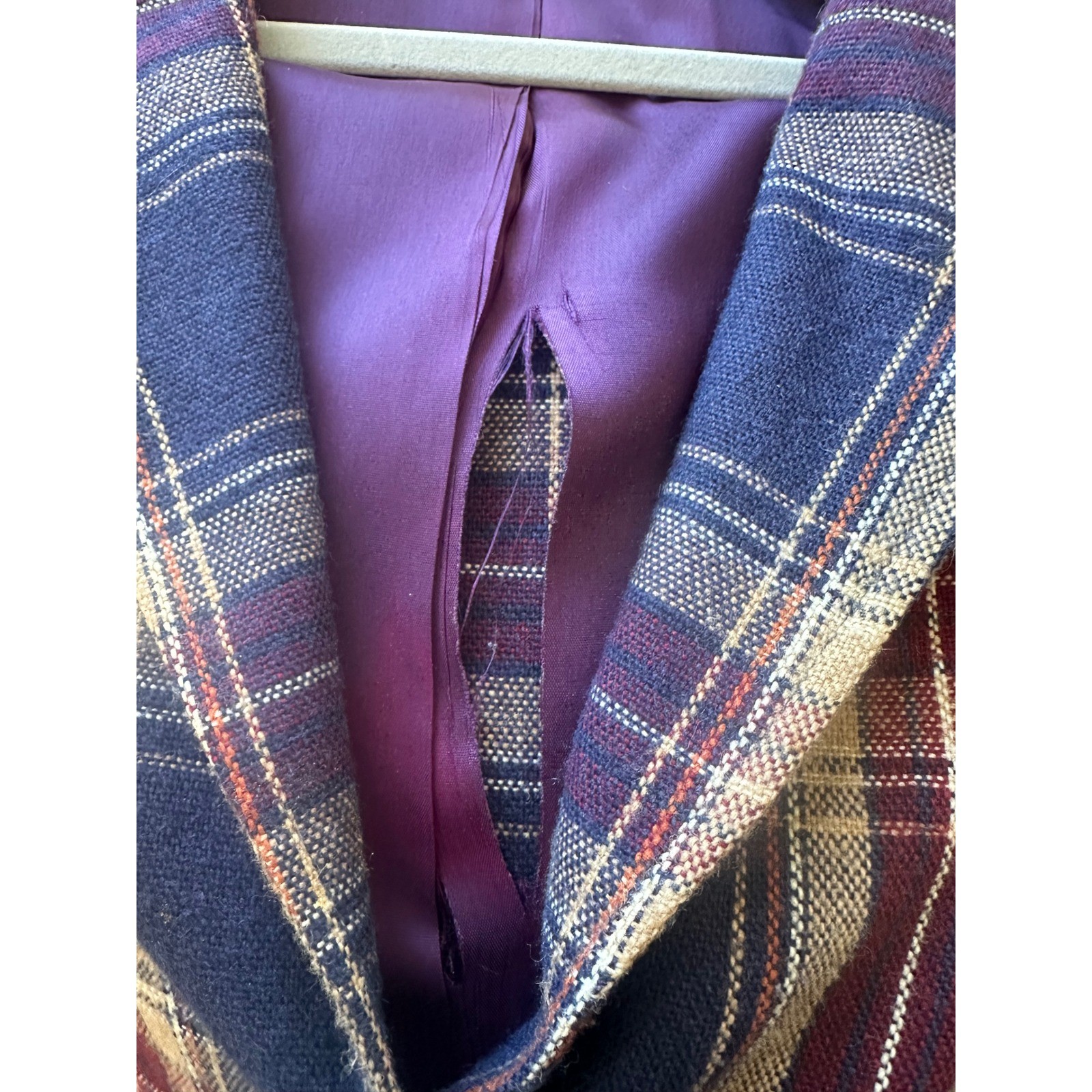 Vintage 70s Plaid Blazer Jacket Navy Burgundy Tan Tartan Academic Patch Pockets