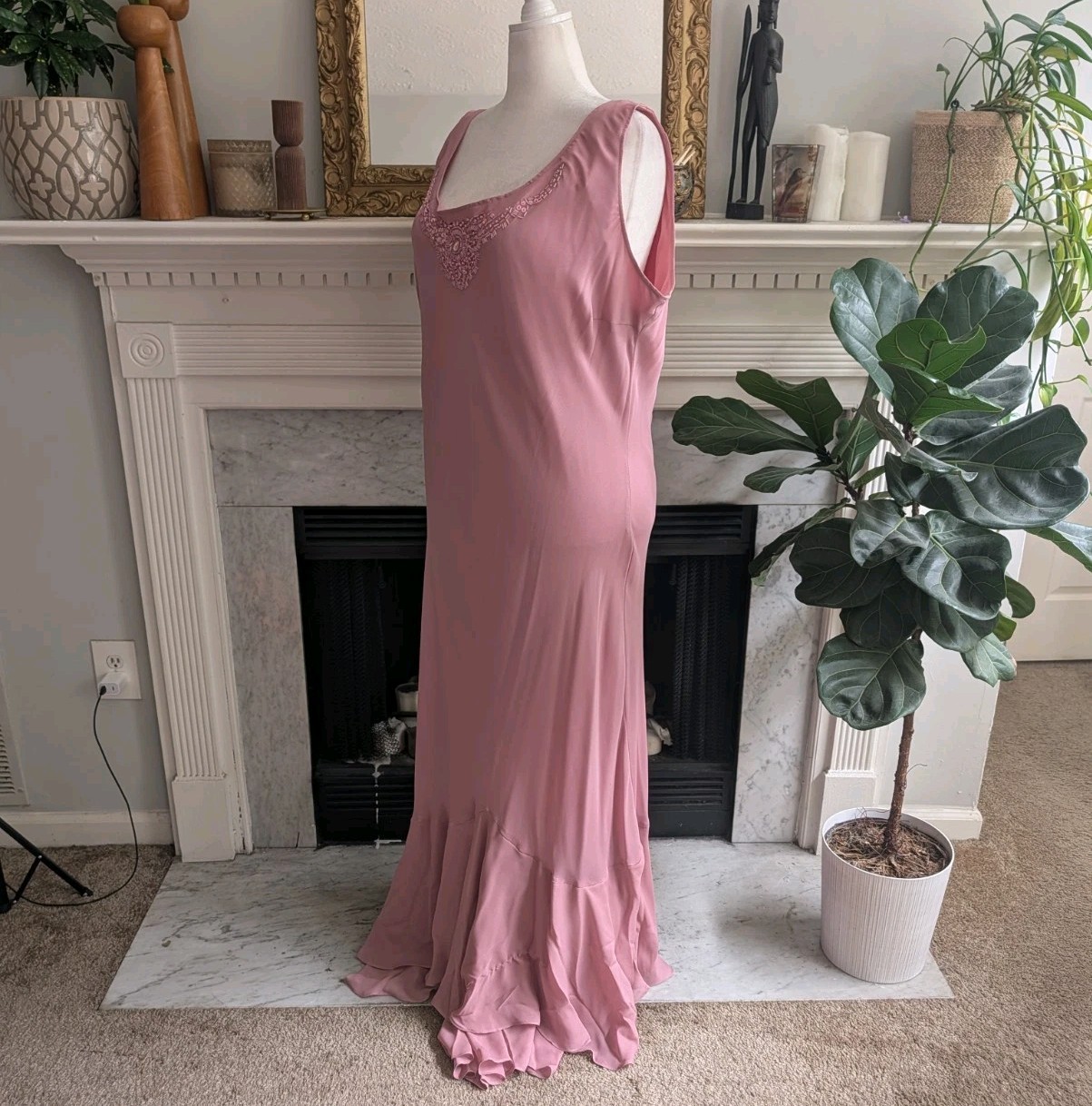 Vintage 90s Y2K Dusty Pink Beaded Column Dress Size 3X Maxi Ruffle Occasion MOB