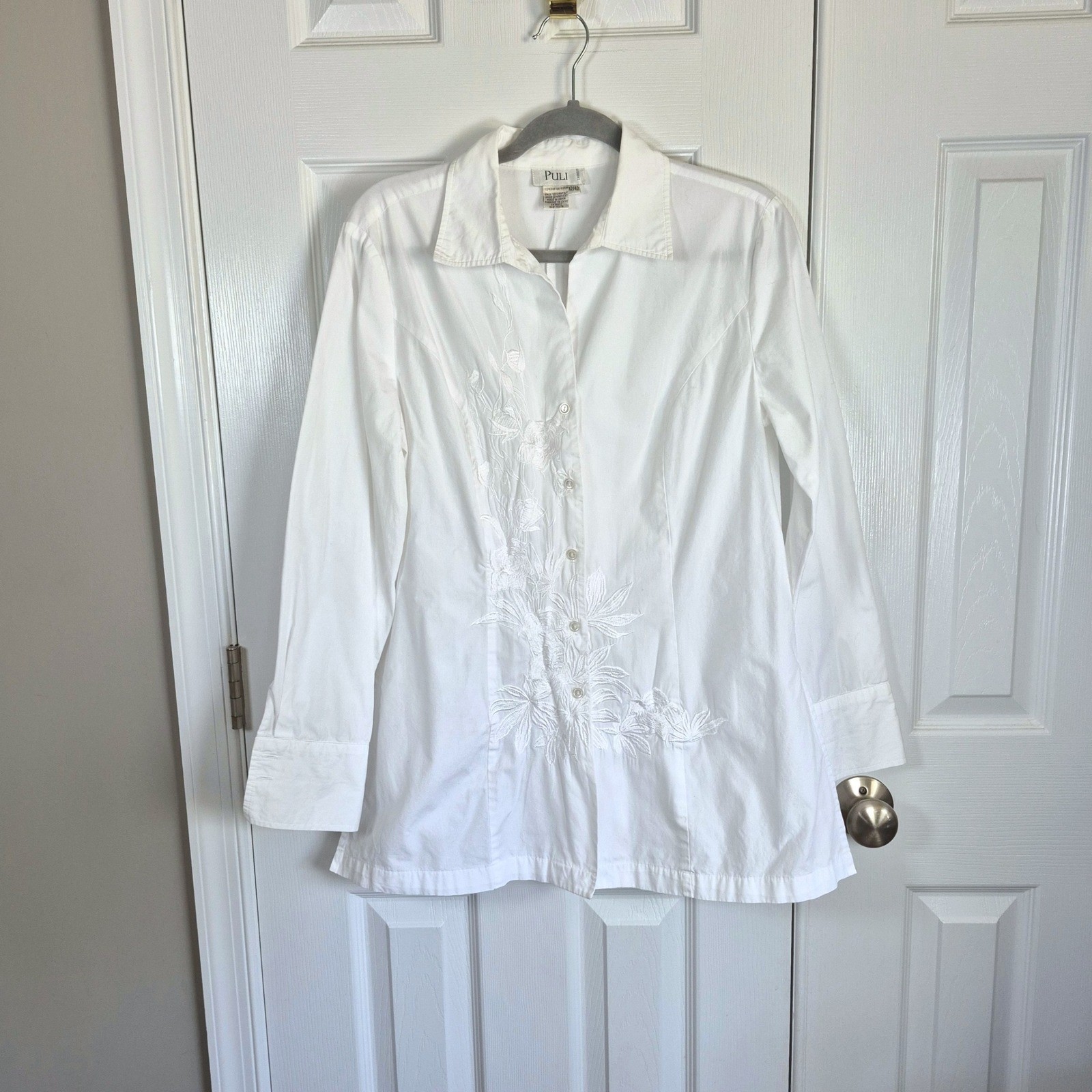 Vintage Puli white button down shirt floral embroidery women’s 12