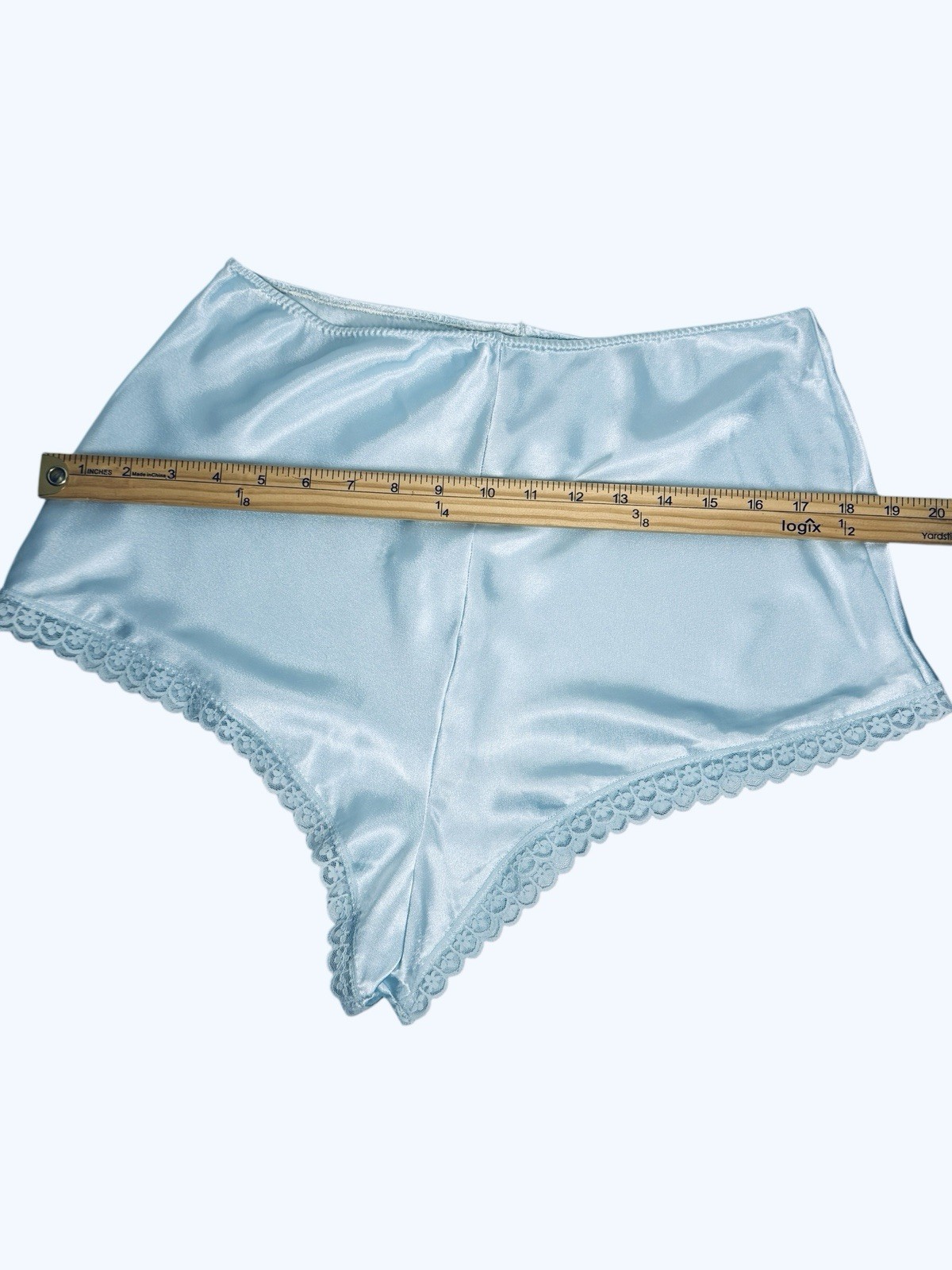 VTG Sears Lingerie Liquid Satin Light Blue Tap Pants Lace Trim USA Sz M 12/14