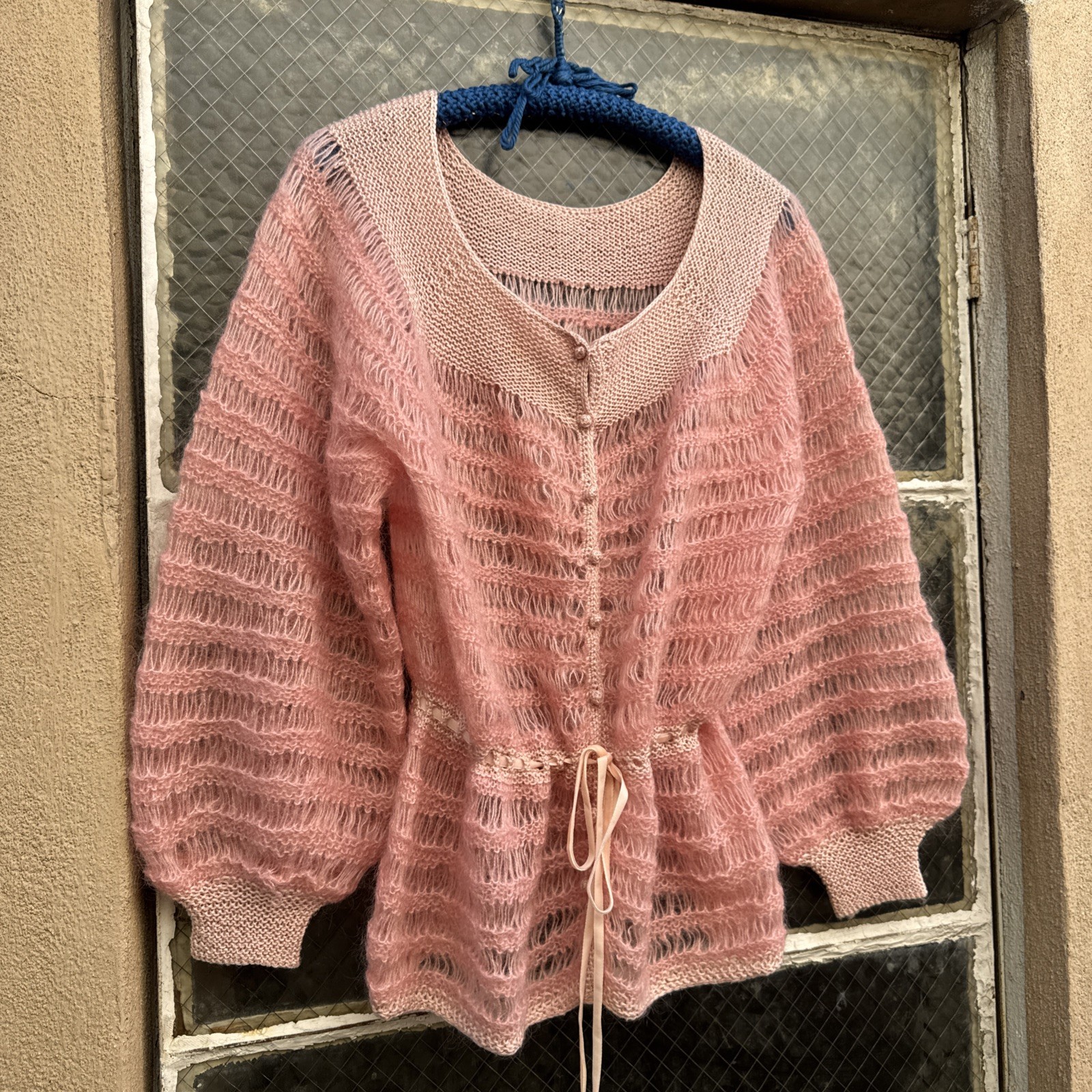 Vintage 1930s Pink Mohair Knit Wool Sweater Cardigan Balloon Sleeves Dress Top