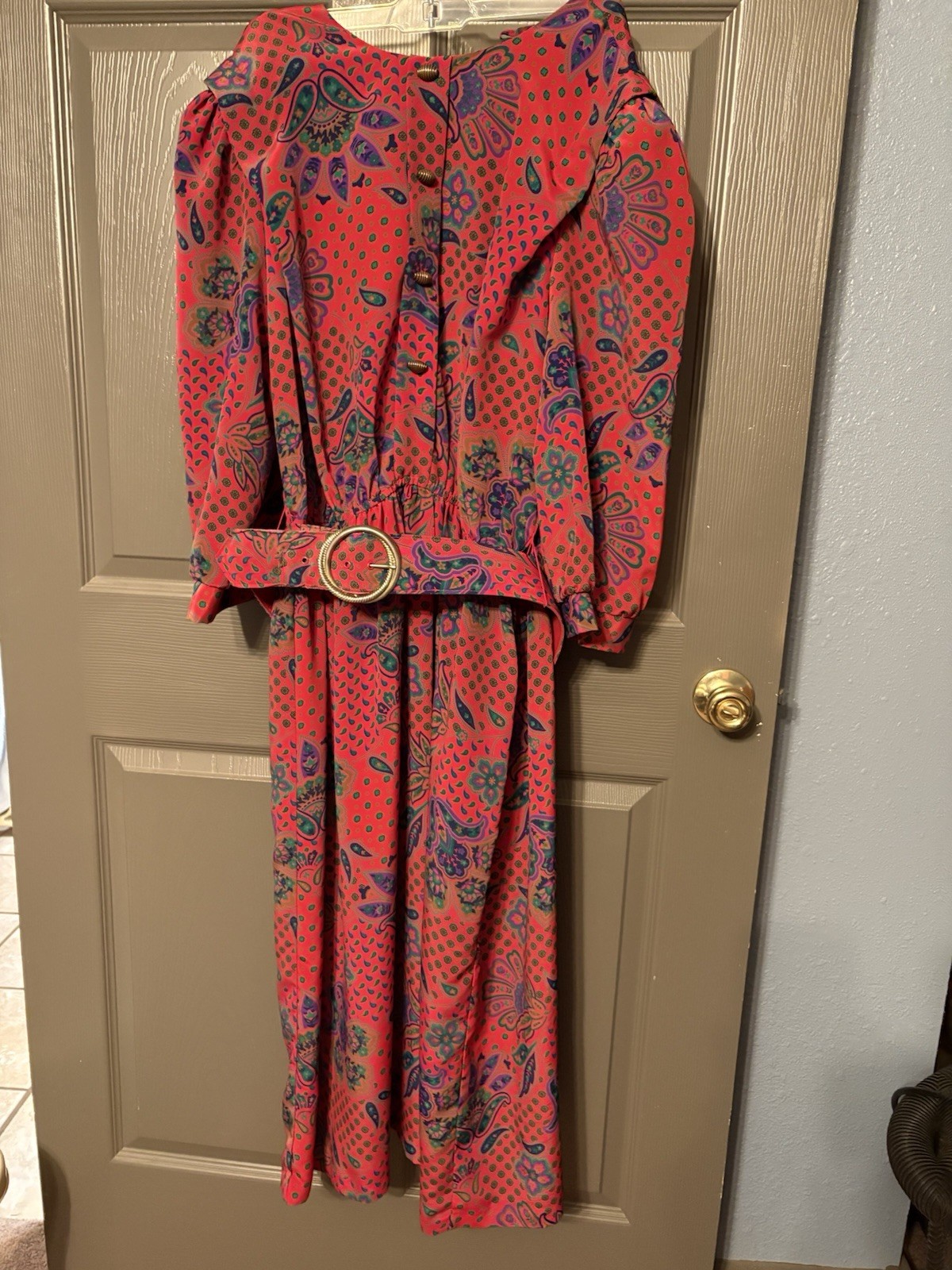 Lady Carole of New York Dress Suit Red Paisley Belted Vintage Purple Green