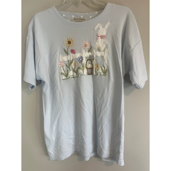 Marisa Christina Vintage Easter Bunny Floral Embroidered T-Shirt Blue Large